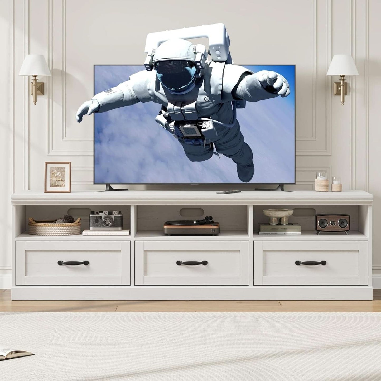 70 Inch TV Stand Antique White Entertainment Center