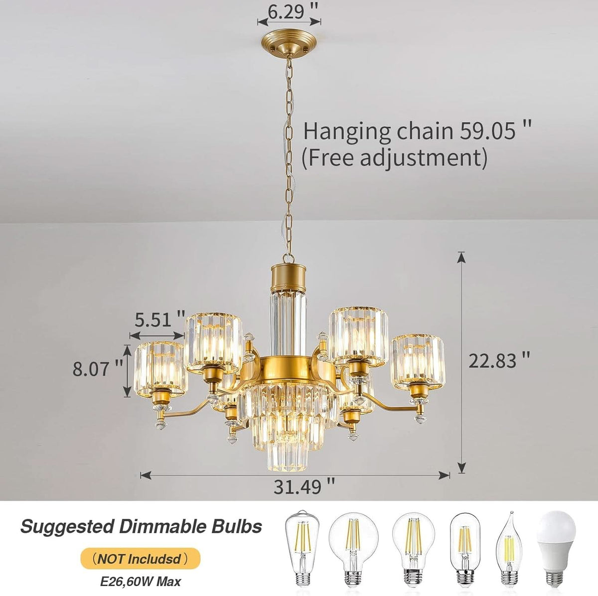 Seven Light Crystal Chandelier Gold Finish Ceiling Fixture