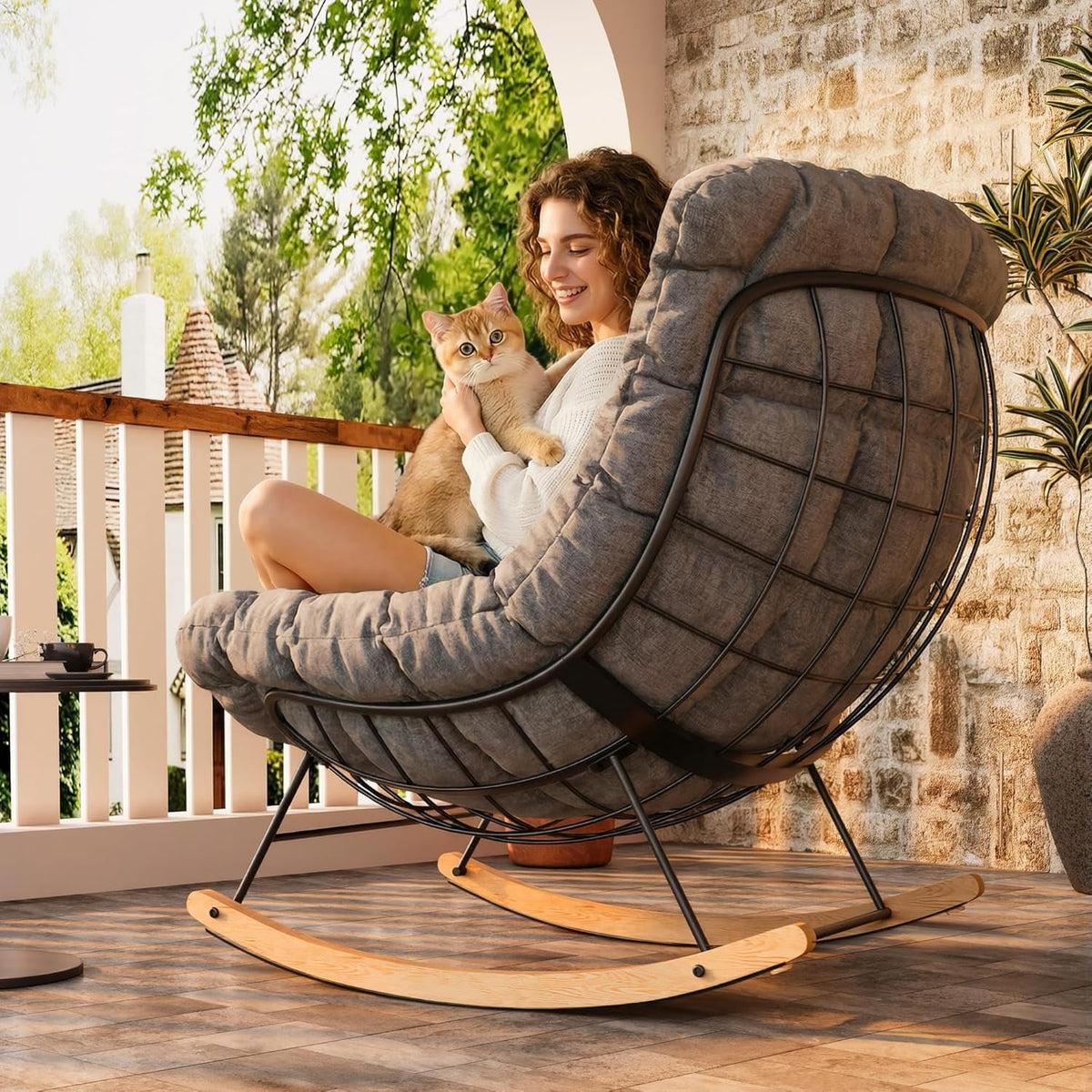 Grey Oversized Rocking Lounge Chair Cushioned Seat