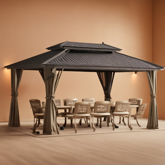 12x20ft Gazebo Hardtop Canopy Aluminum Frame Brown