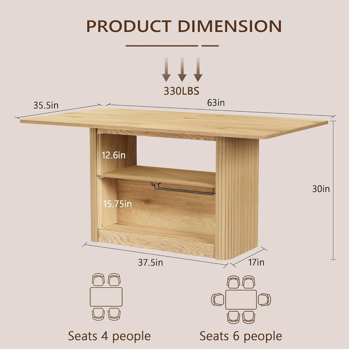 63 Inch Farmhouse Dining Table Storage Compartments