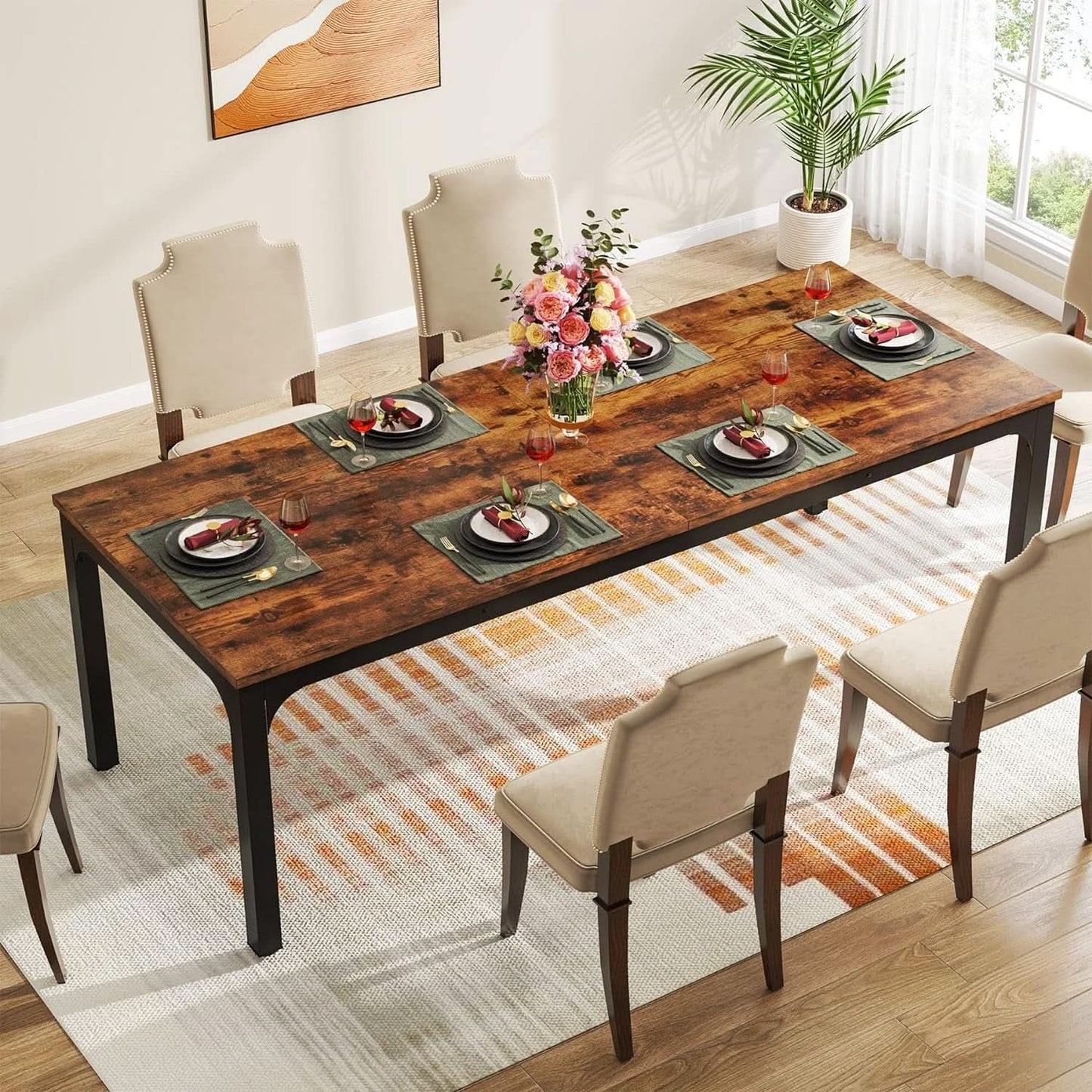 78 Inch Narrow Dining Table For 6 To 8 People Rustic Wood