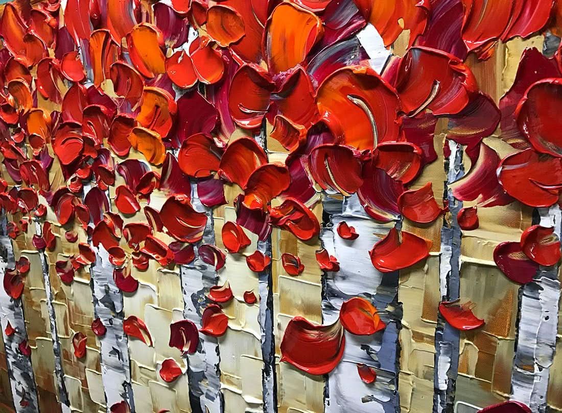 Red Birch Trees Wall Art 24x48 Inches Hand Painted Oil On Canvas