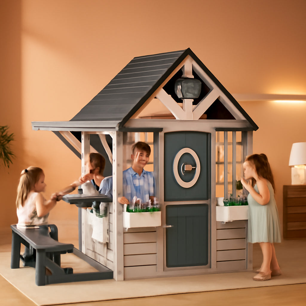 Large Wooden Outdoor Playhouse With Kitchen Features