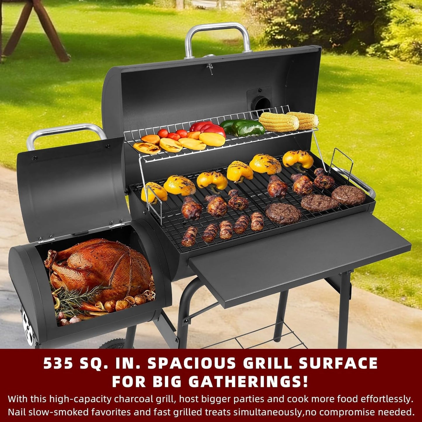 Black Charcoal Grill 535 SquareInches Offset Smoker
