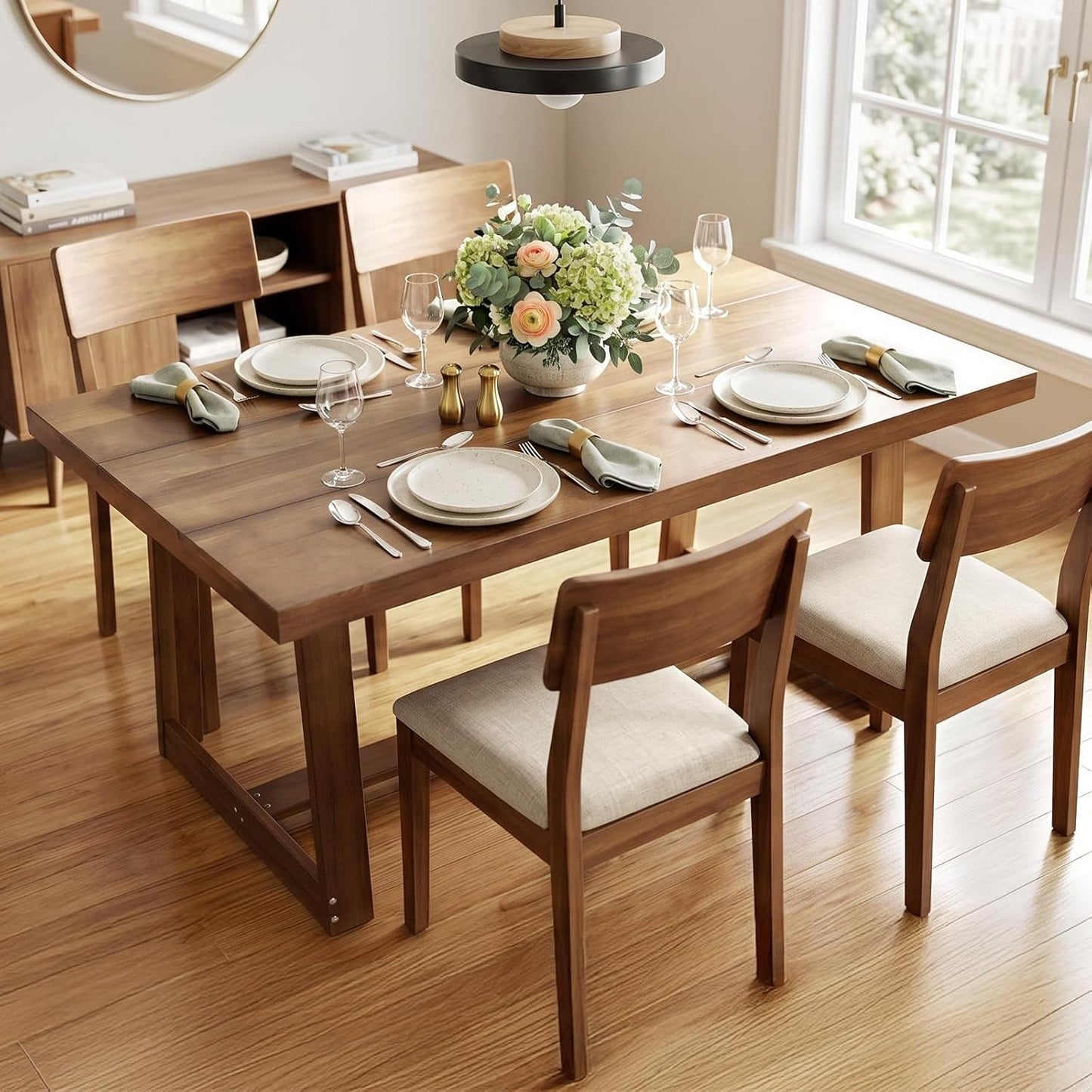 Solid Pine Farmhouse Dining Table Walnut Finish 48Inch