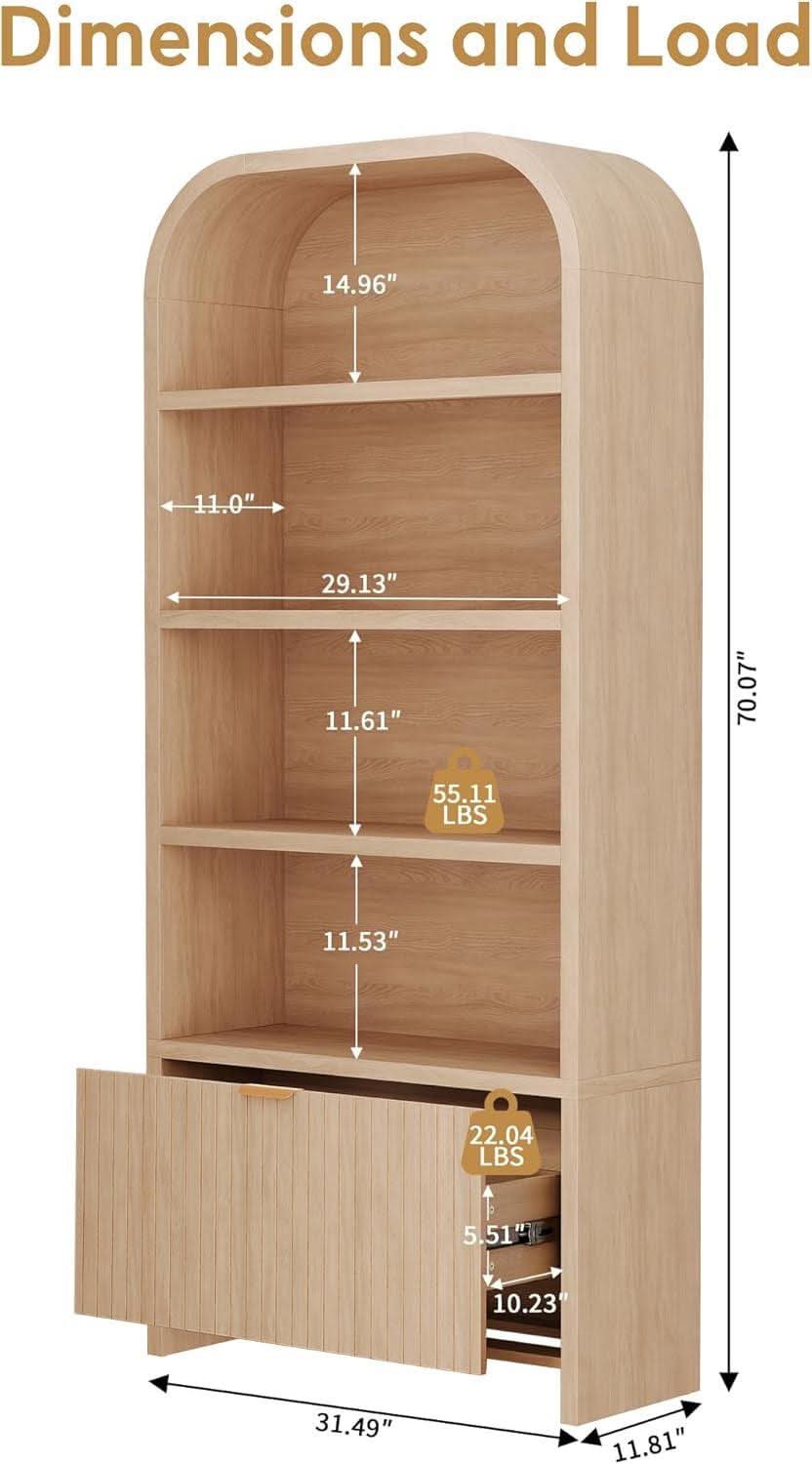 Arched Bookcase With Fluted Drawer Seventy Inch Natural