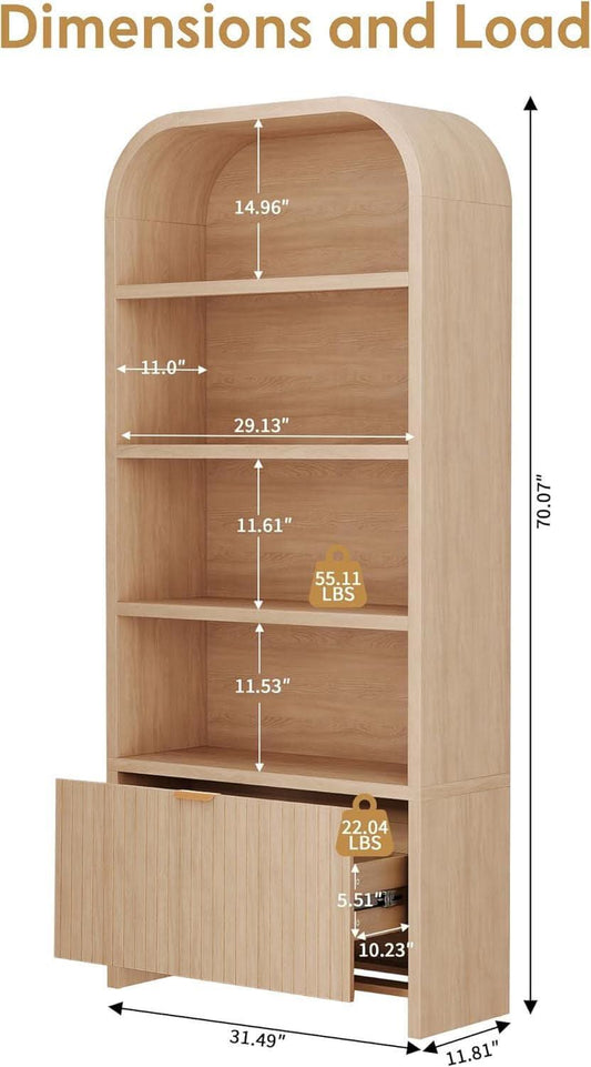 Arched Bookcase With Fluted Drawer Seventy Inch Natural