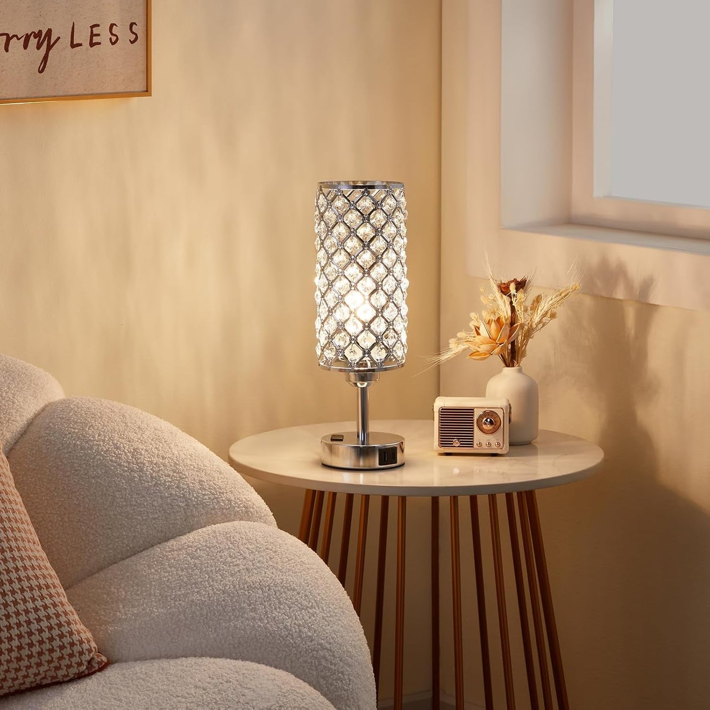 Crystal Diamond Nightstand Lamps Set Silvery Finish