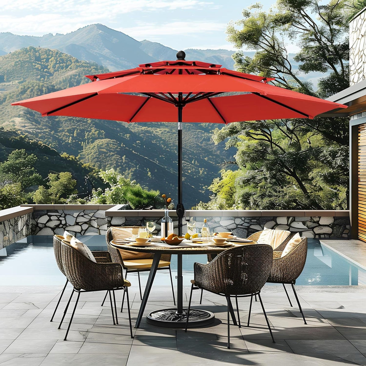 10Ft Auto Tilt Patio Umbrella Weather-Resistant Red