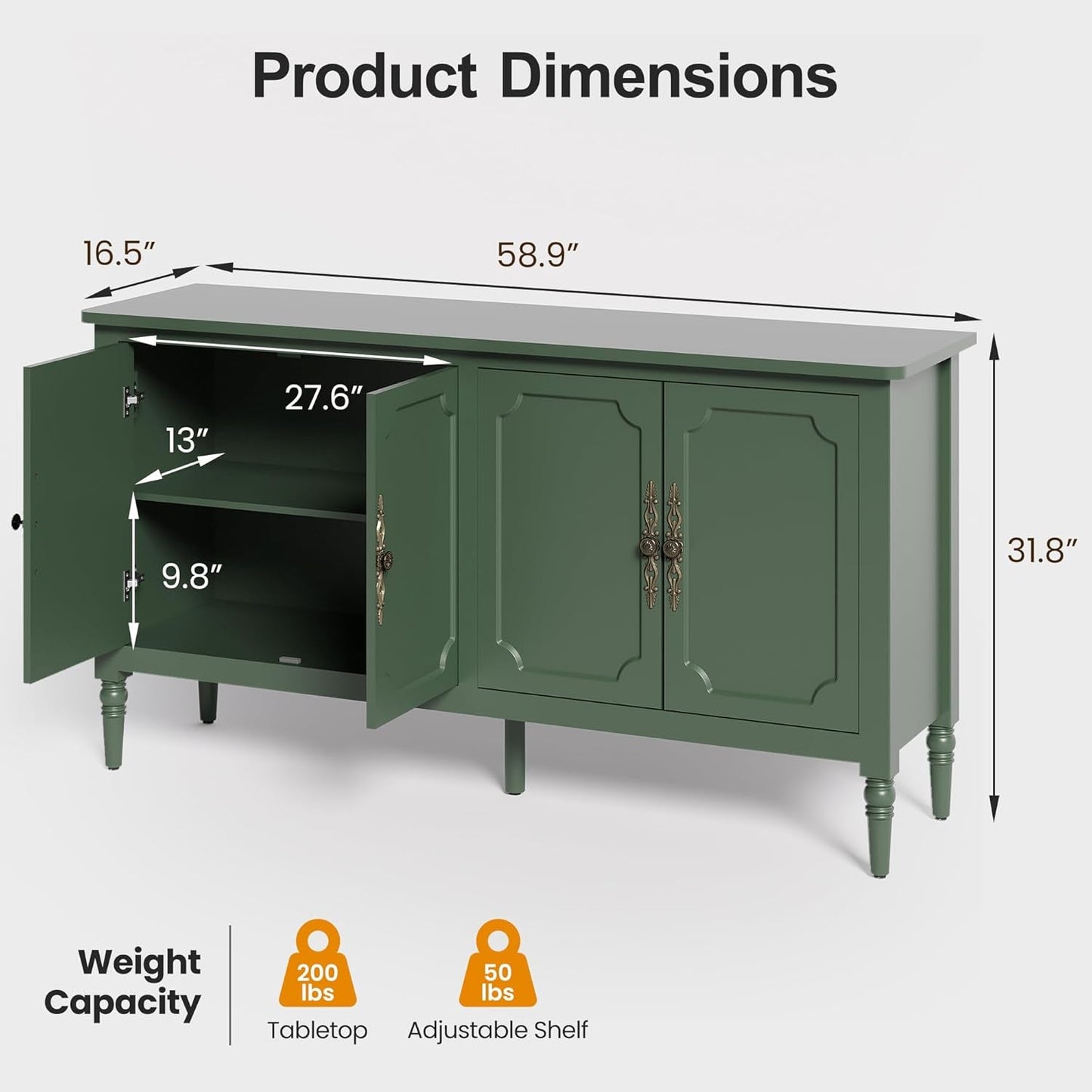 Forest Green Buffet Cabinet With Adjustable Shelves