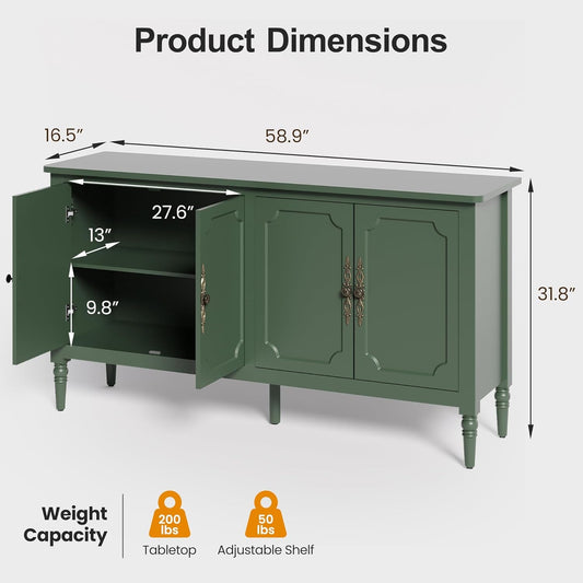 Forest Green Buffet Cabinet With Adjustable Shelves