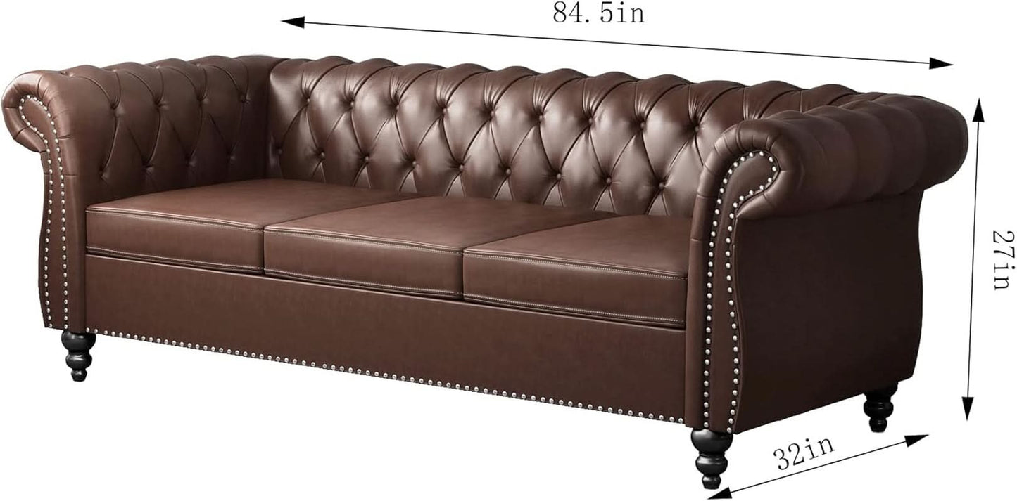 3 Piece Chesterfield Leather Living Room Set Sofa Loveseat Chair Dark Brown with Scroll Arms and Nailhead-1