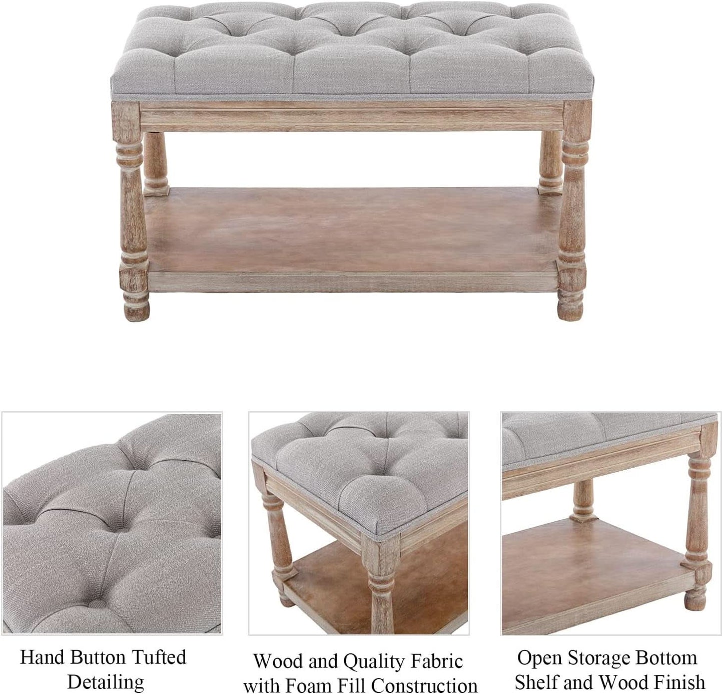 Grey Tufted Upholstered Storage Ottoman Bench Shelf