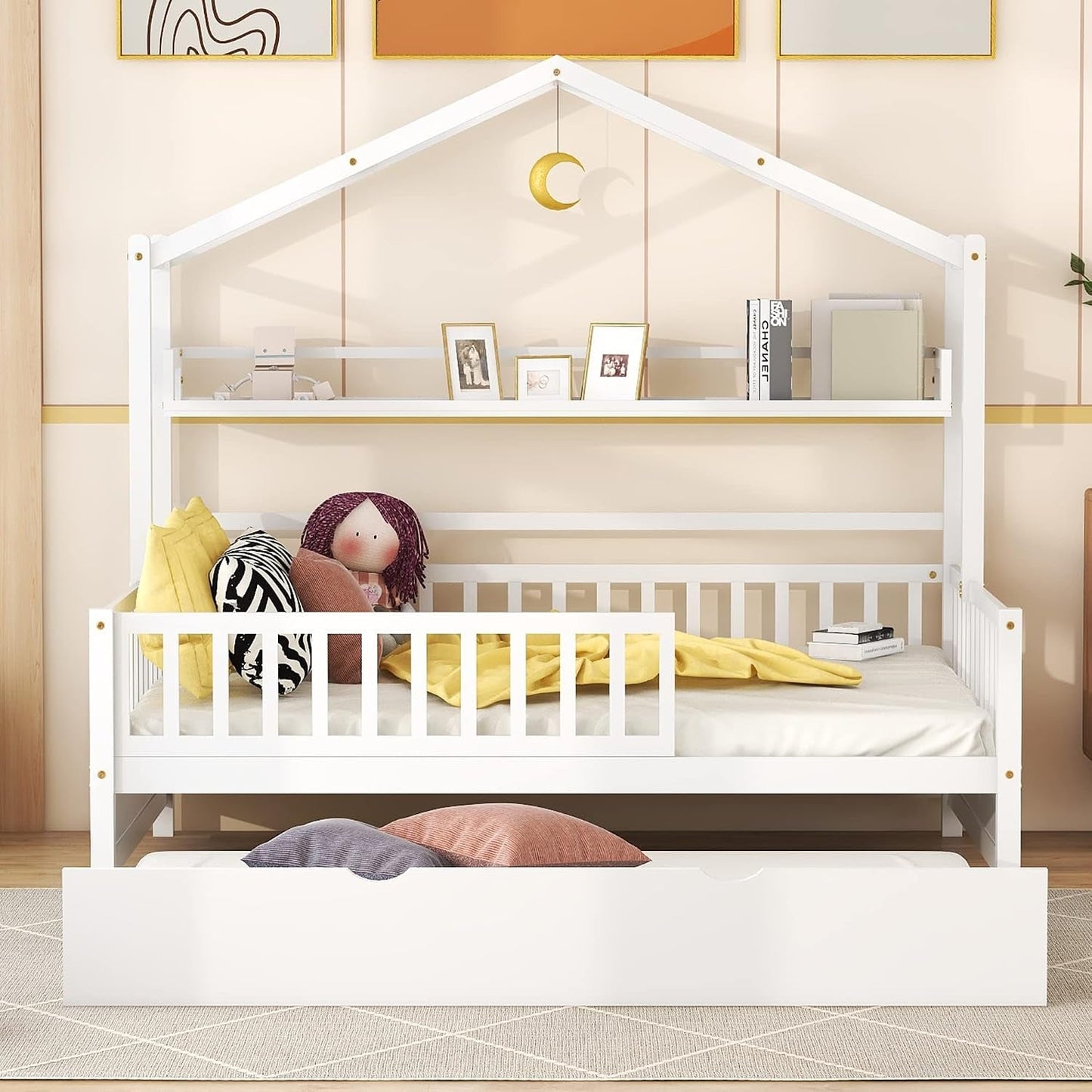 FullSize White Wooden Playhouse Trundle Bed Storage