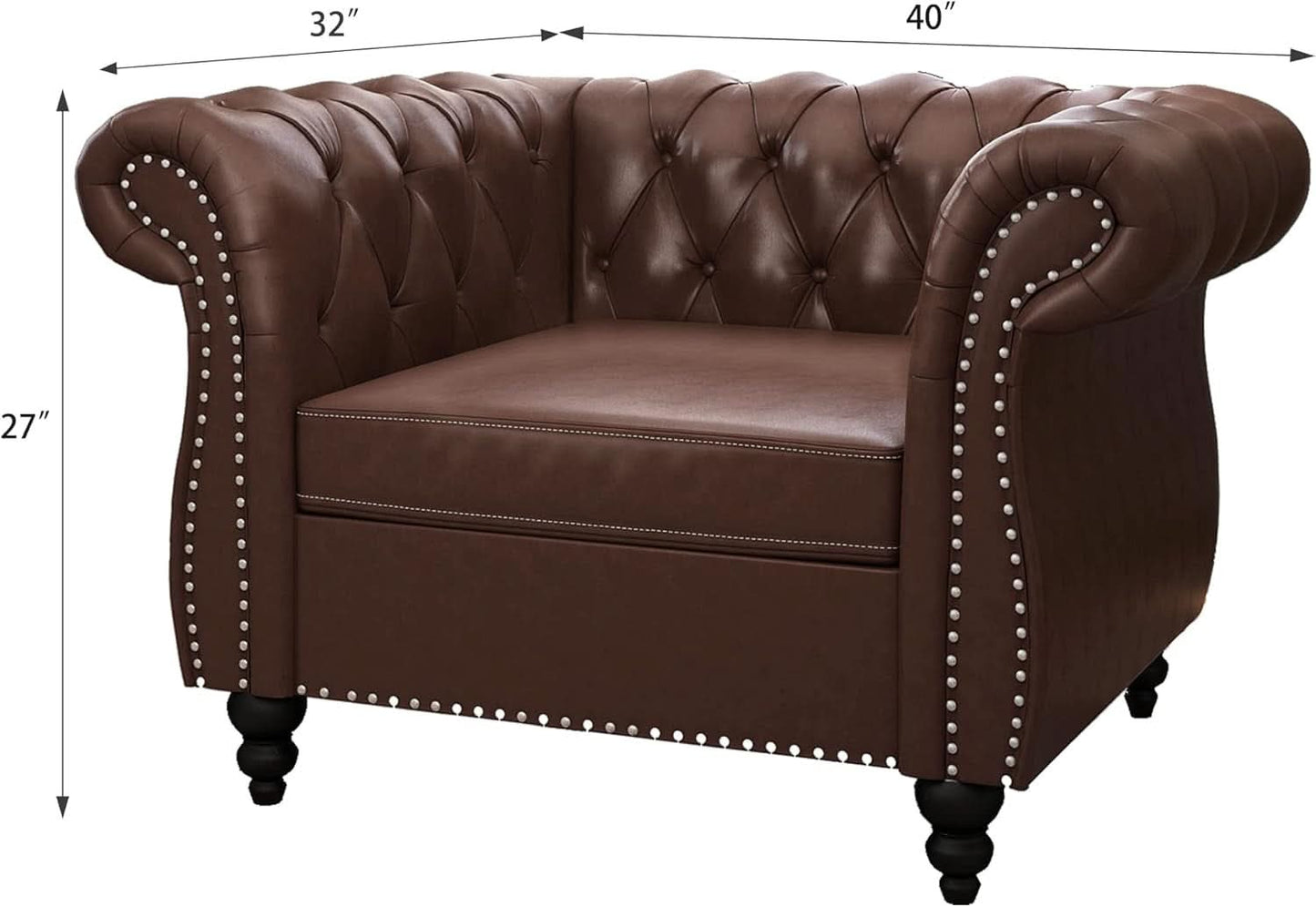 Two Piece Living Room Set Chesterfield Leather Sofa And Chair With Scroll Arms In Dark Brown