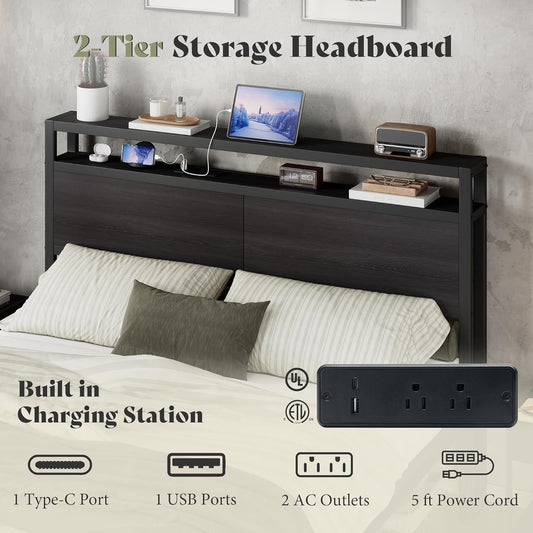 Full Standard Size Bed Frame With Storage Headboard