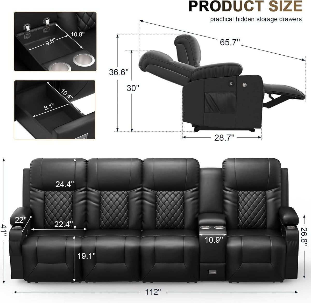 4 Seat Recliner Sofa With USB Ports And Storage Console