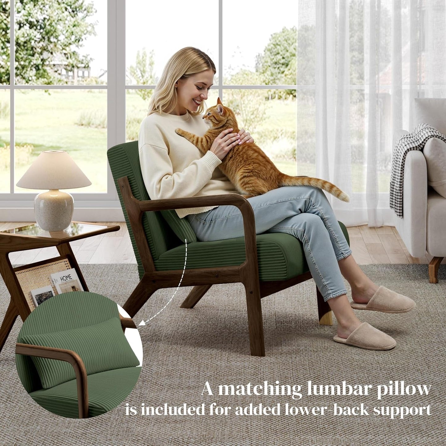 Corduroy Accent Chair Dark Green Midcentury Upholstery