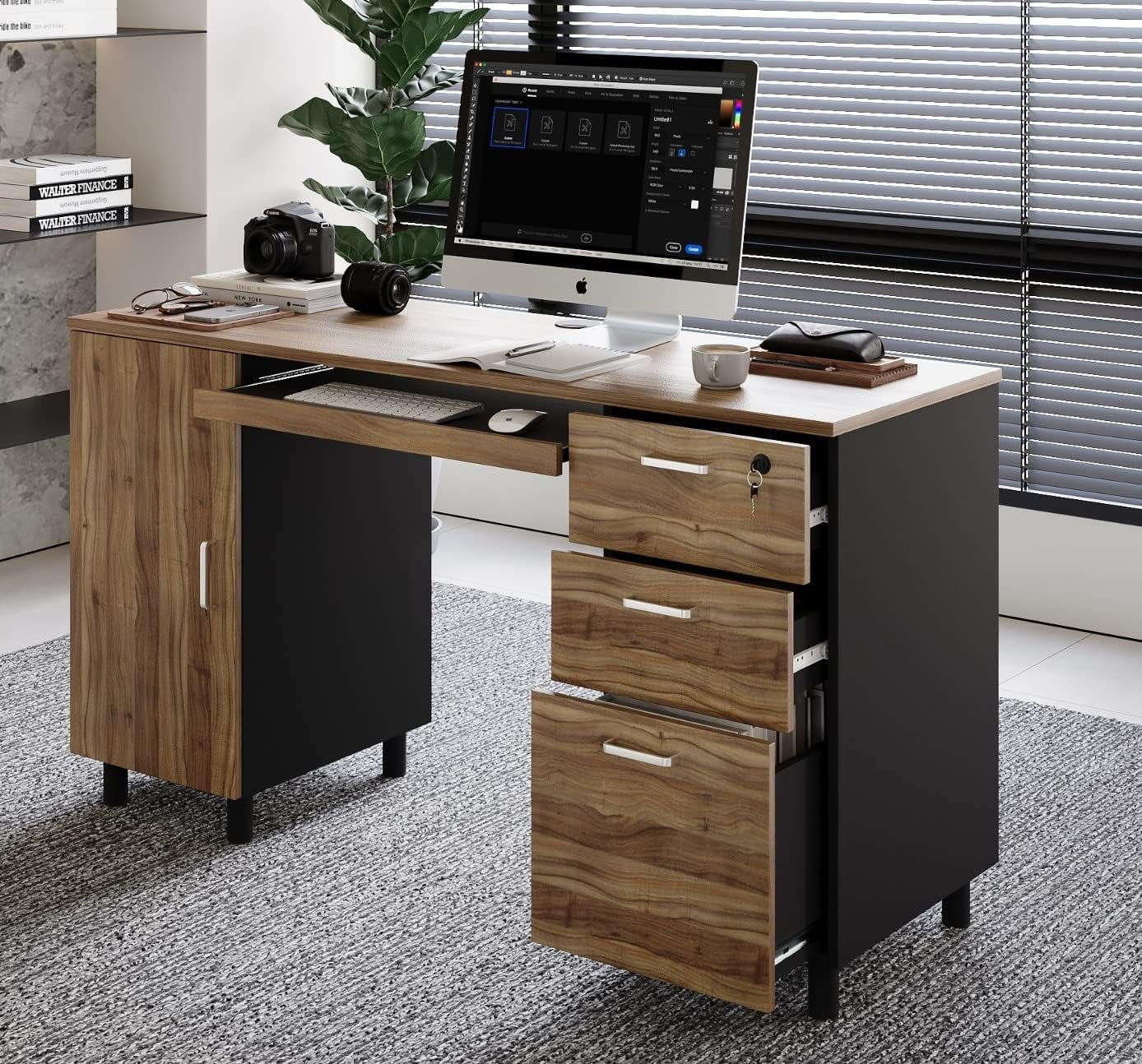 Walnut 53 Inches Workstation Desk Lockable Drawers