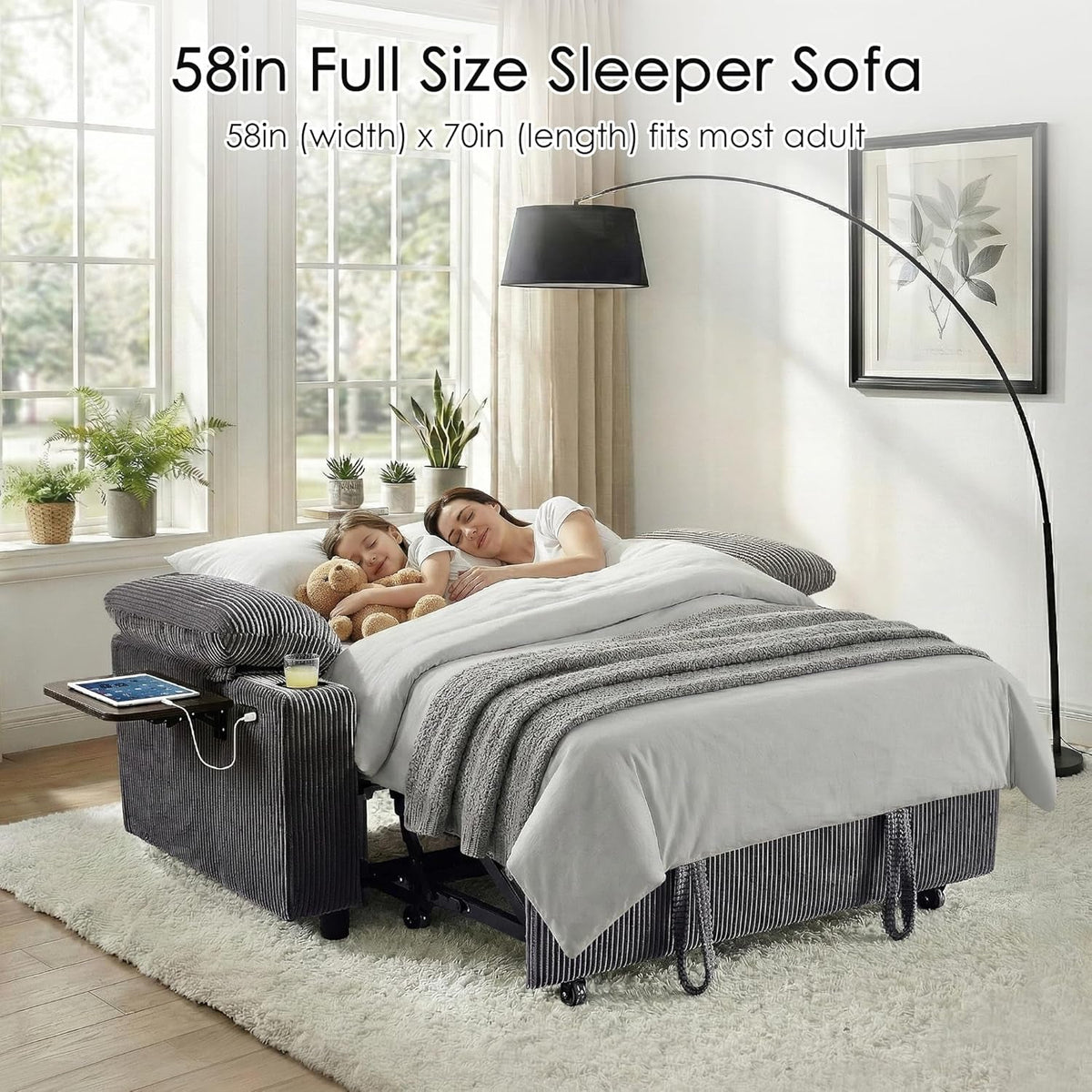 58 In Sleeper Sofa Bed DarkGrey Foldable Side Table Space Saving