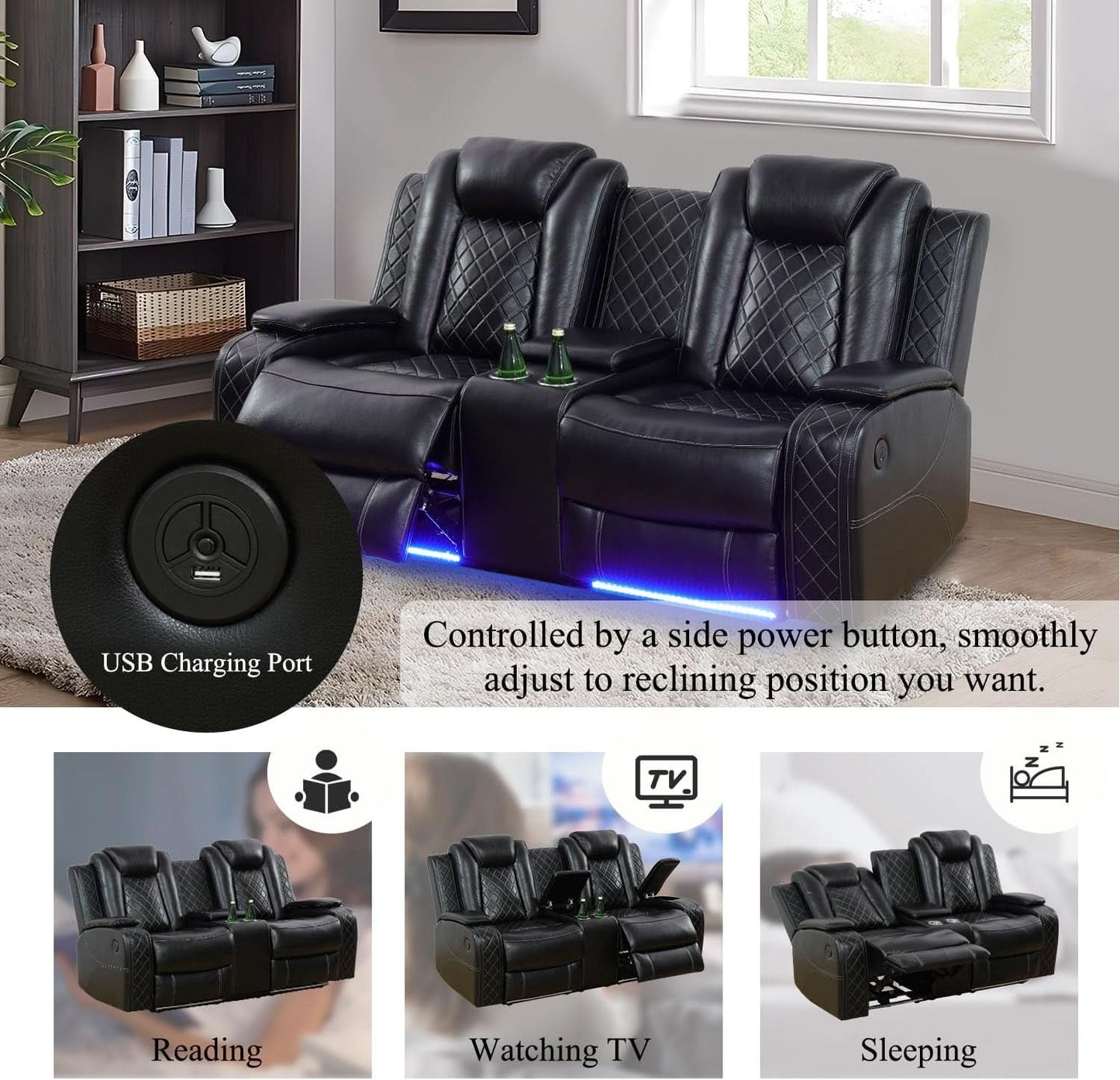 Leather Power Recliner Sofa Set With LED USB Ports Black