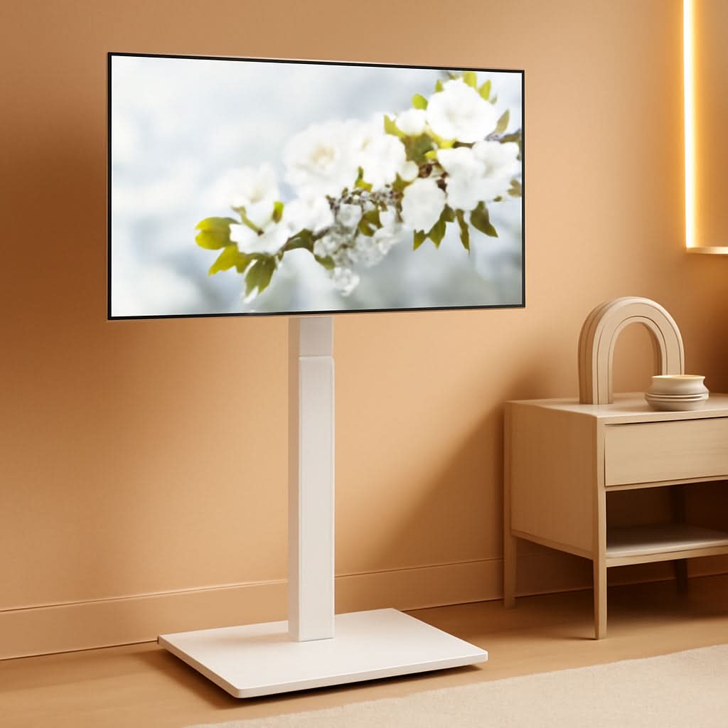 White Universal Freestanding TV Stand Seventy Degree Swivel