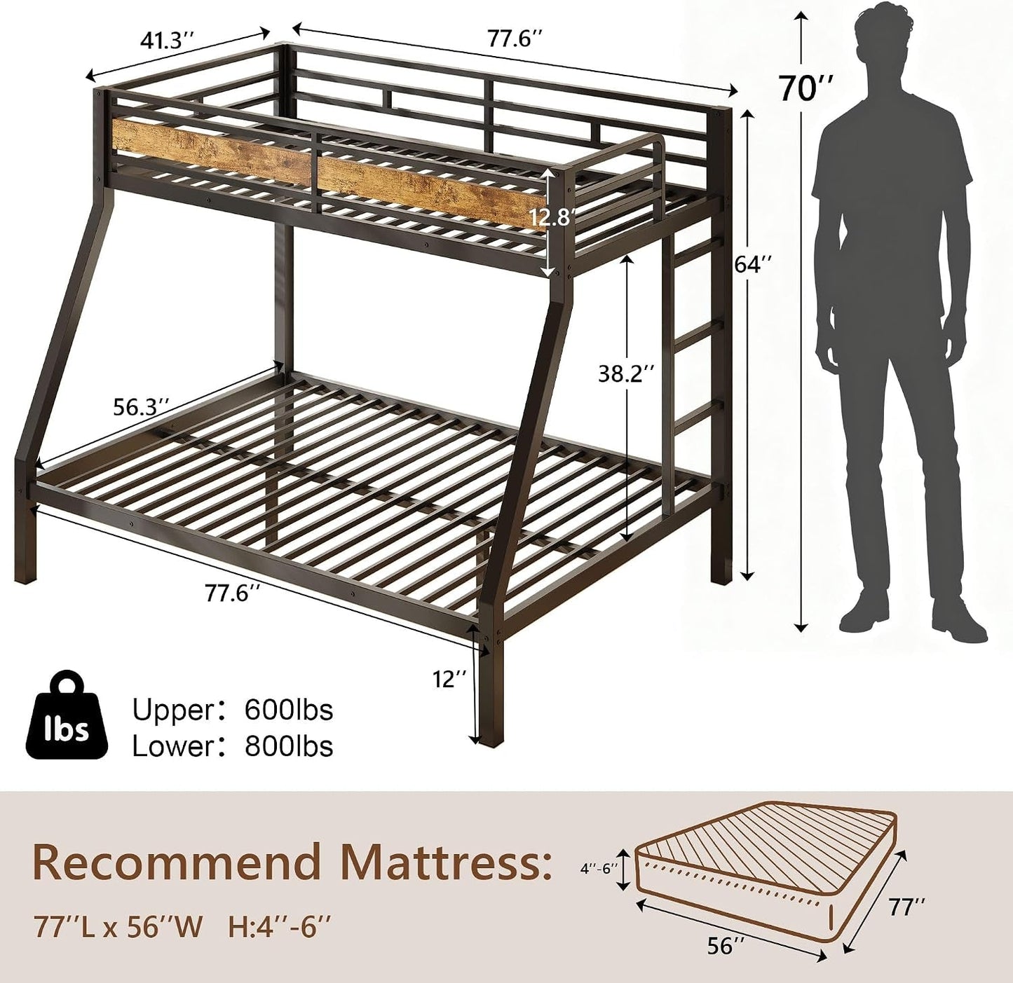 Twin Over Full Bunk Bed With Industrial Guardrail System