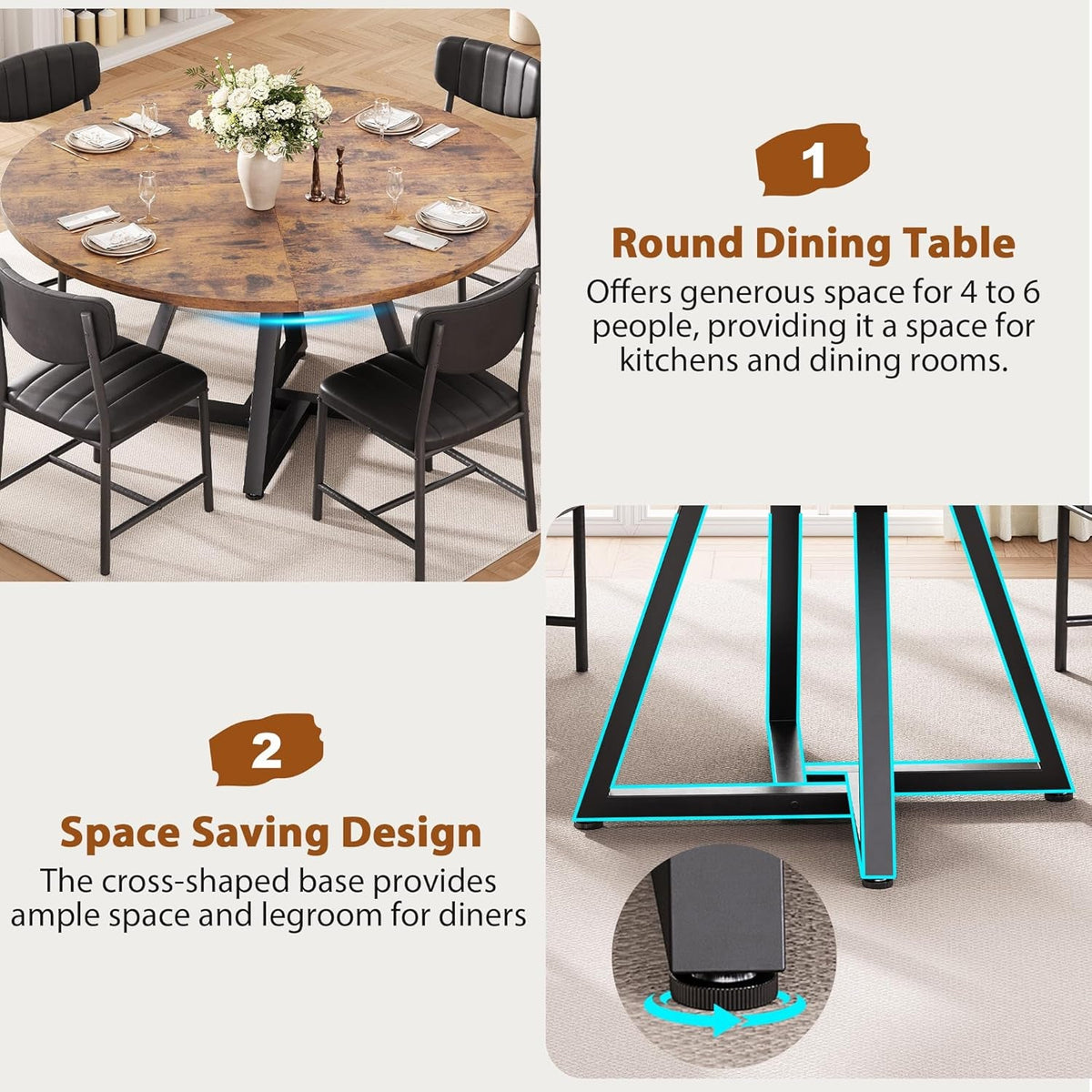 Round Dining Table 47 Inch Pedestal Walnut Stain Finish