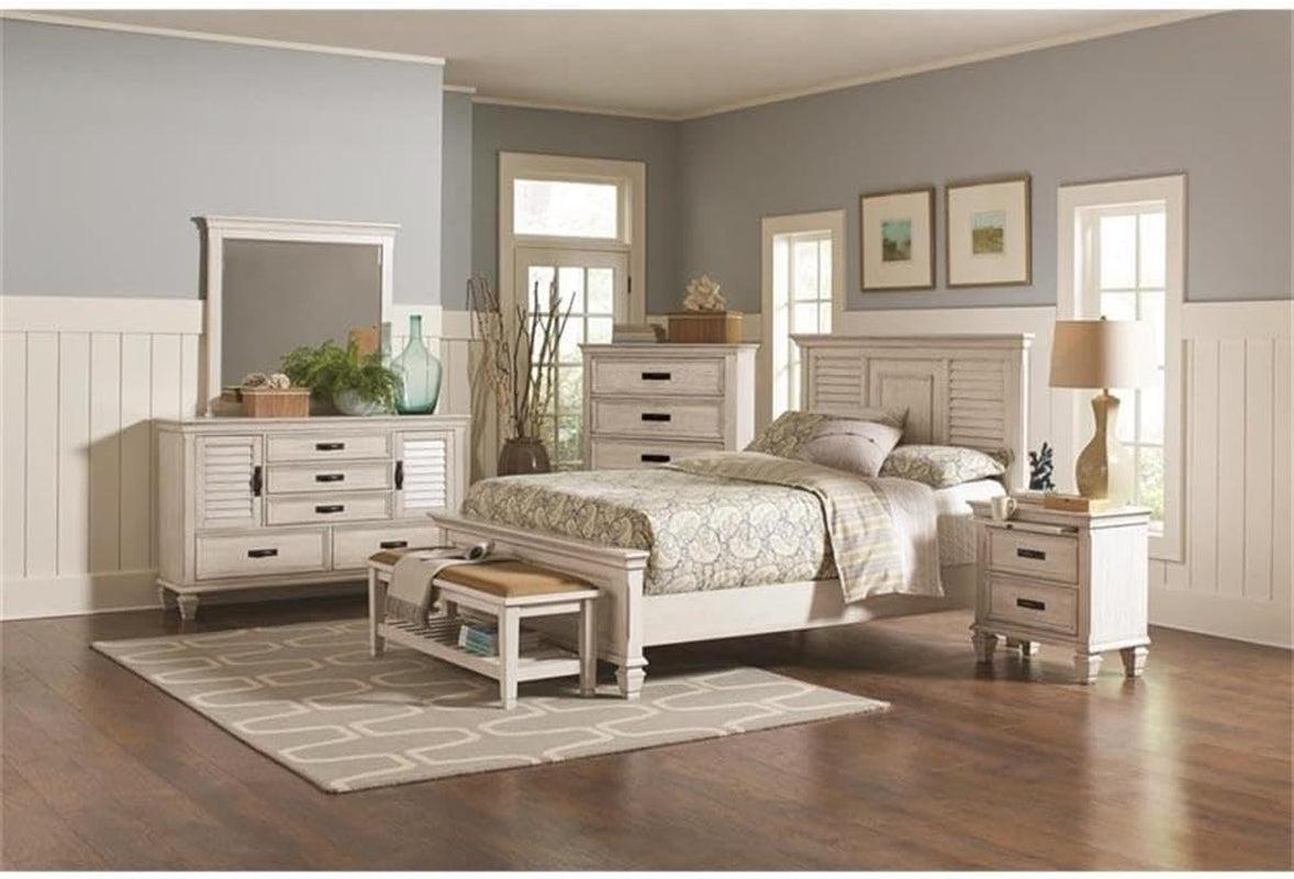 Antique White Coastal Farmhouse Queen Panel Bed Frame