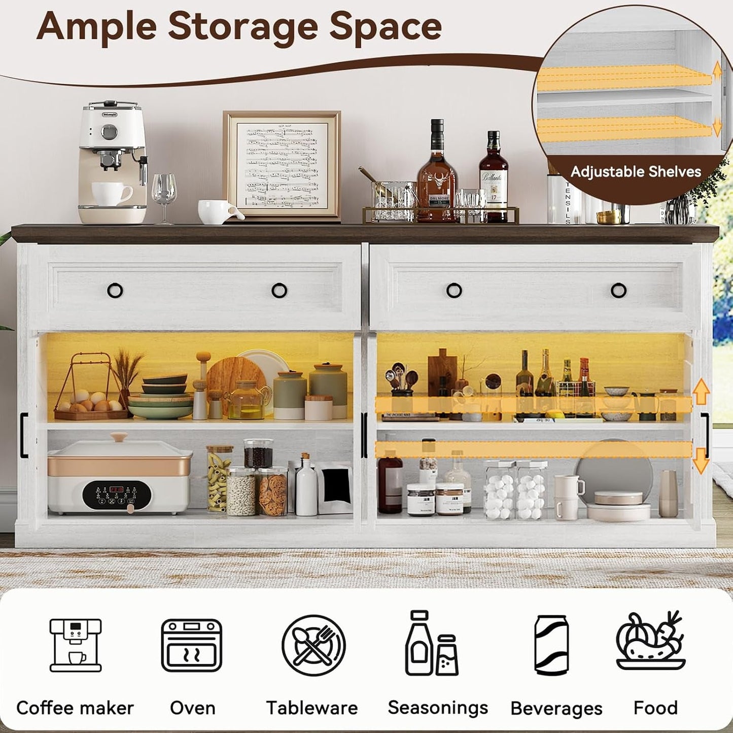 63 Inch Antique White Multipurpose Sideboard Buffet
