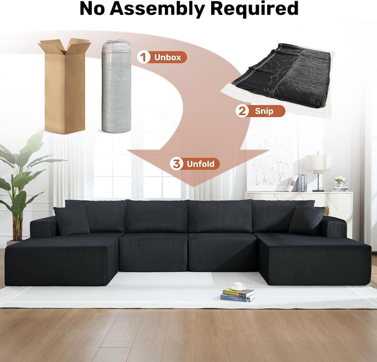 Corduroy Black UShaped 146Inch Modular Sectional Sofa