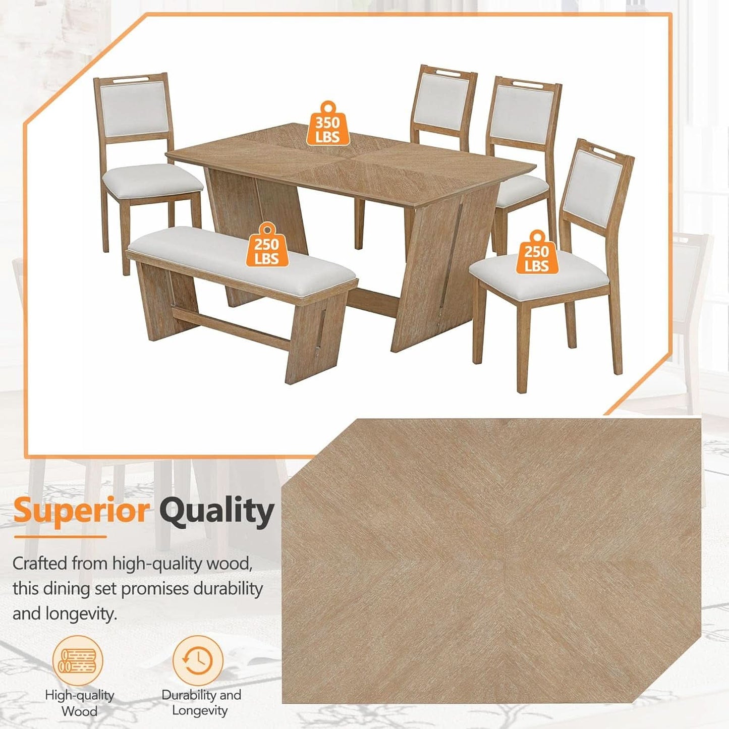 Natural Vintage Rustic Handcrafted Dining Table Set