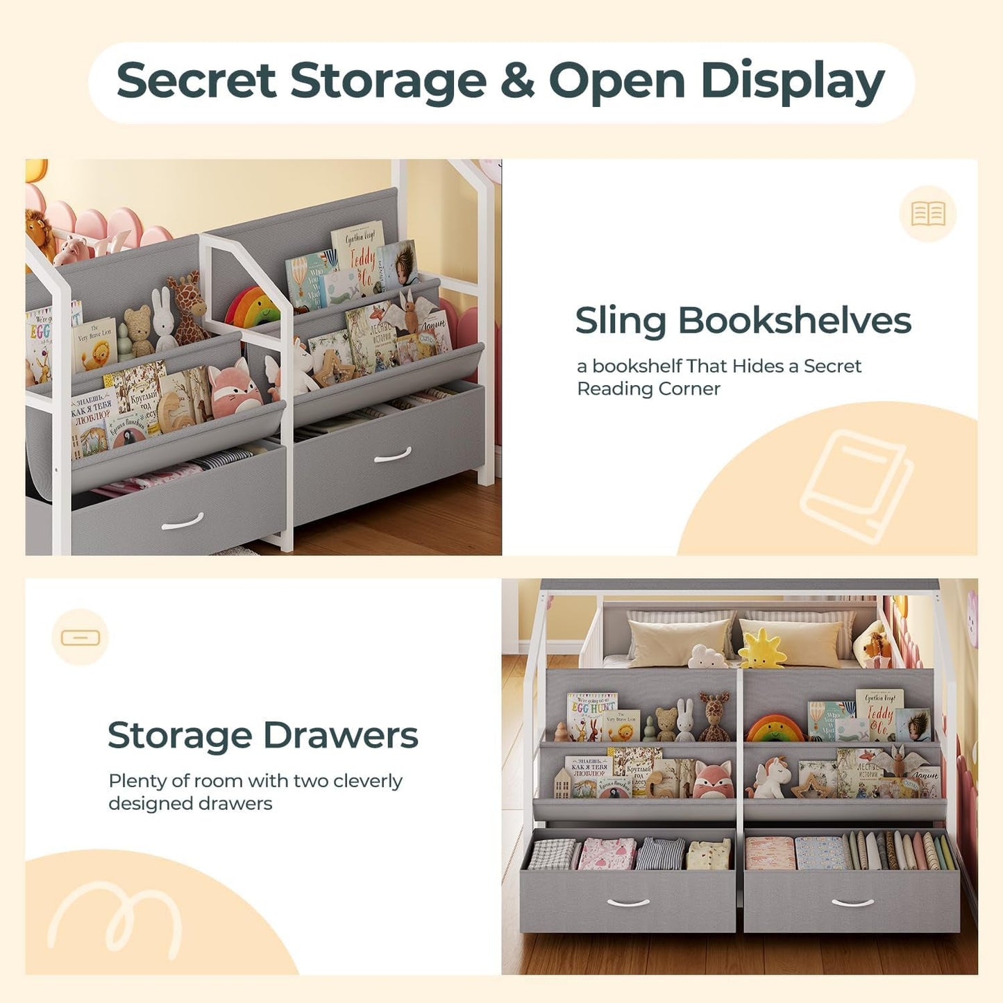 Montessori Floor Bed With White Guardrails Storage