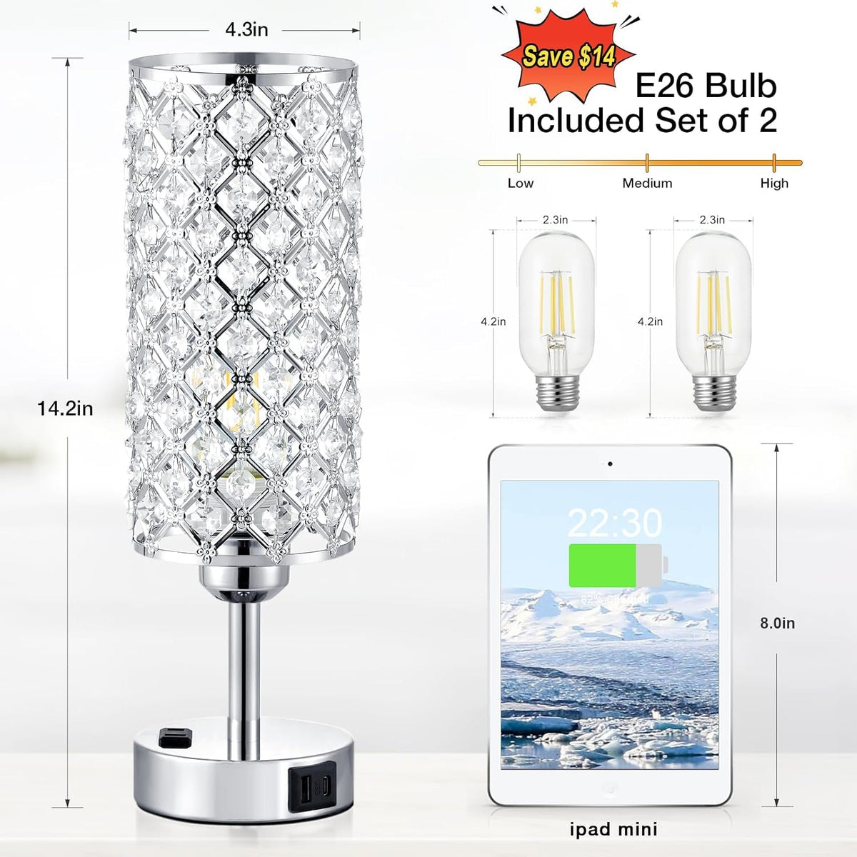 Crystal Diamond Nightstand Lamps Set Silvery Finish