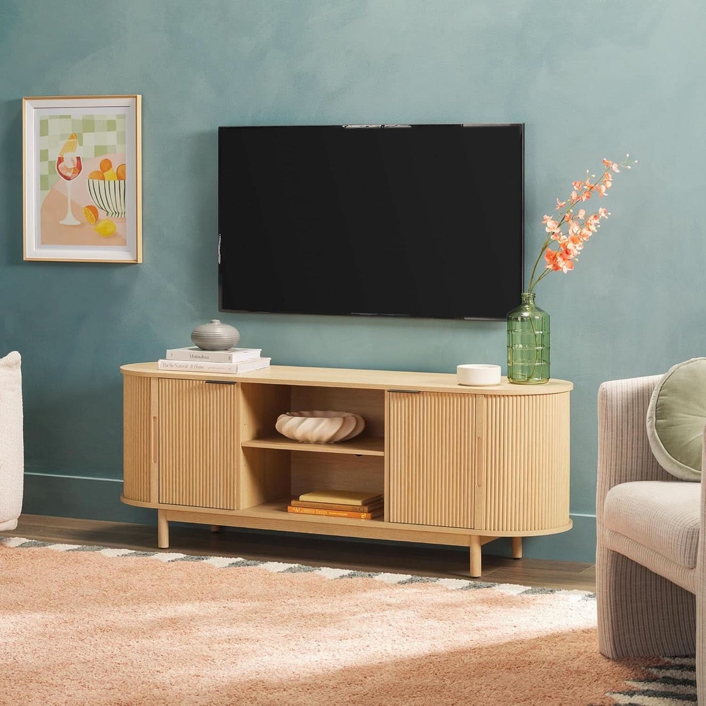 Sixty FiveInch Curved Premium Coastal Oak Finish TV Stand