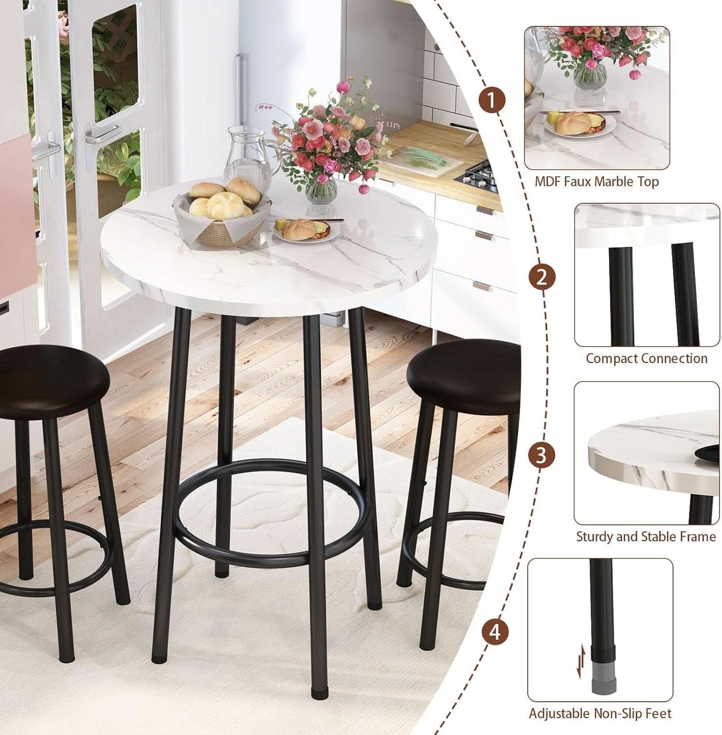 24 Inch Round Ultra Smooth Marble Top Dining Set White