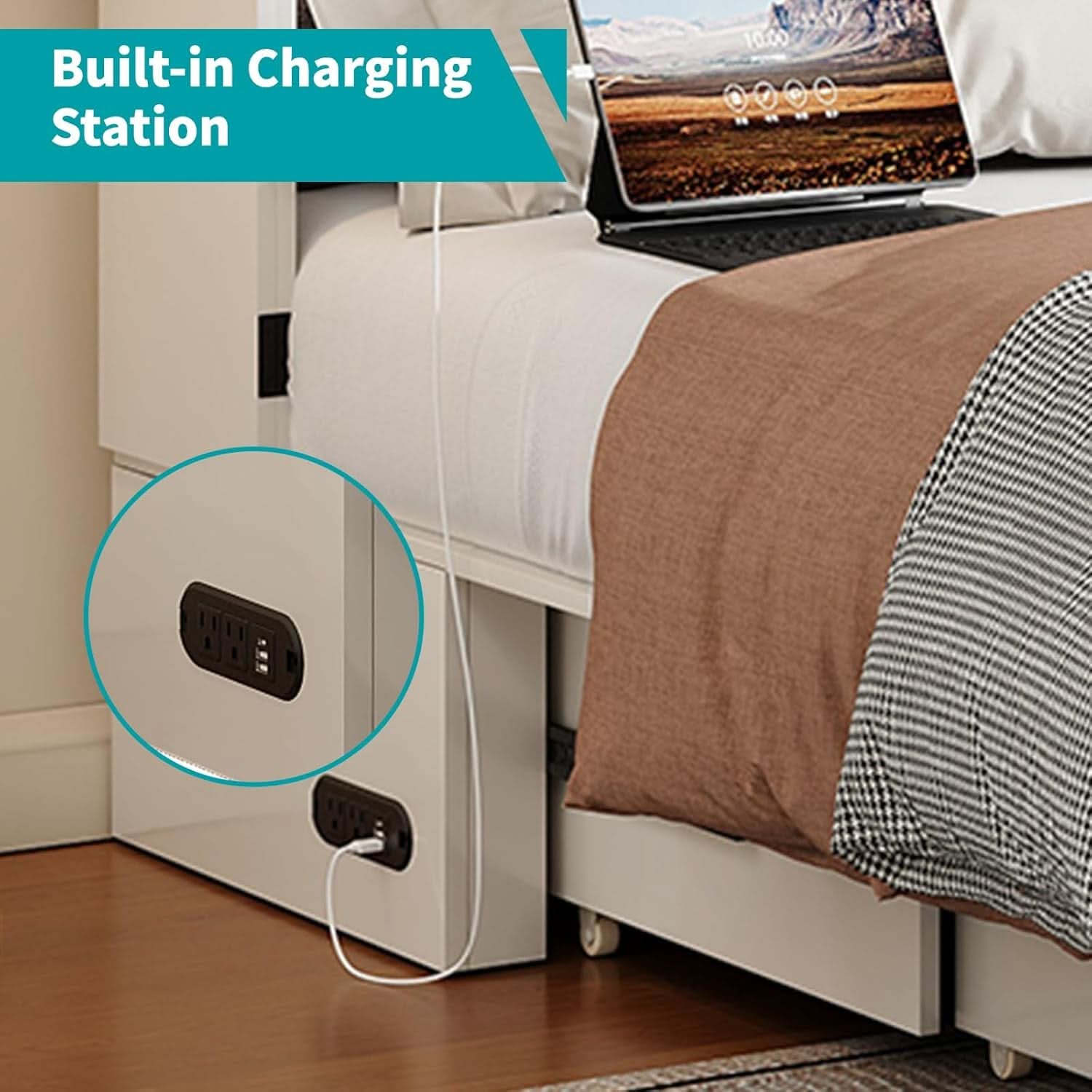 White Queen Murphy Cabinet Bed USB Charging-3
