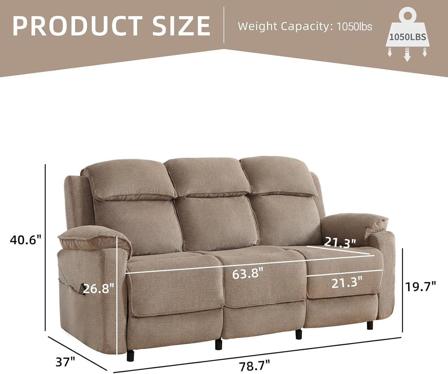 Power Reclining Khaki Sofa For Modern Living Room Spaces