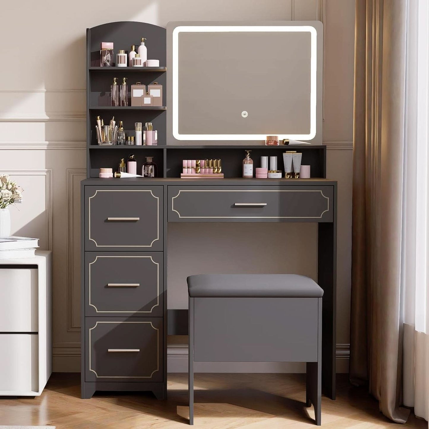 Black Vanity Table With Illuminated Mirror Outlets-4