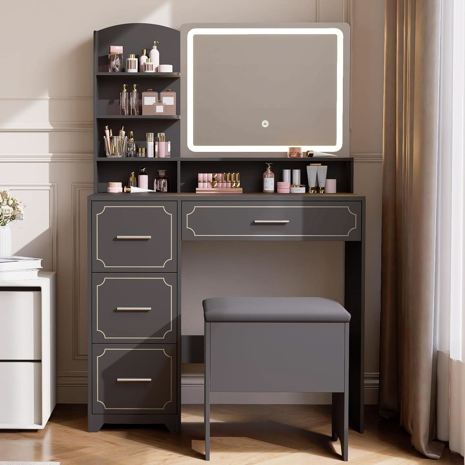 Black Vanity Table With Illuminated Mirror Outlets-4