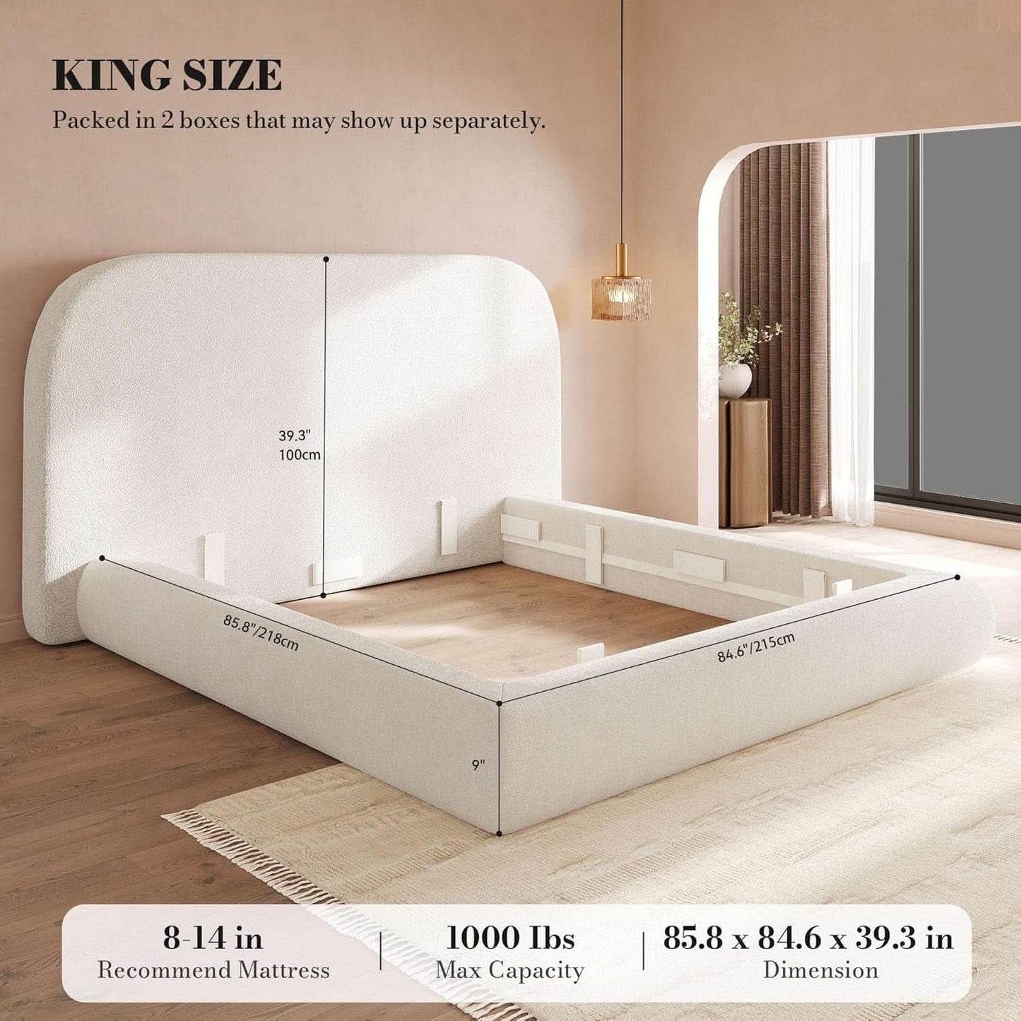 Luxurious King Velvet Upholstered Platform Bed Beige