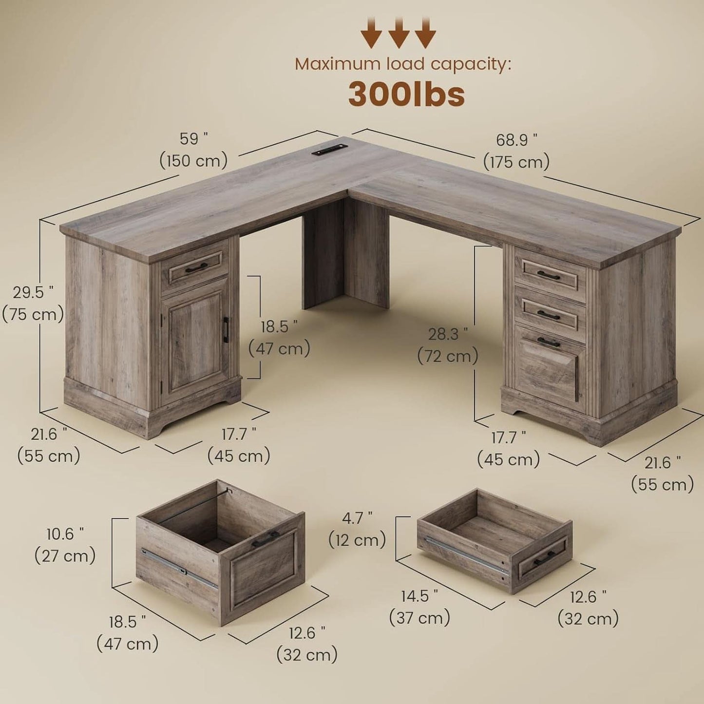 Grey L Shaped Desk With Power Outlet For Home Office