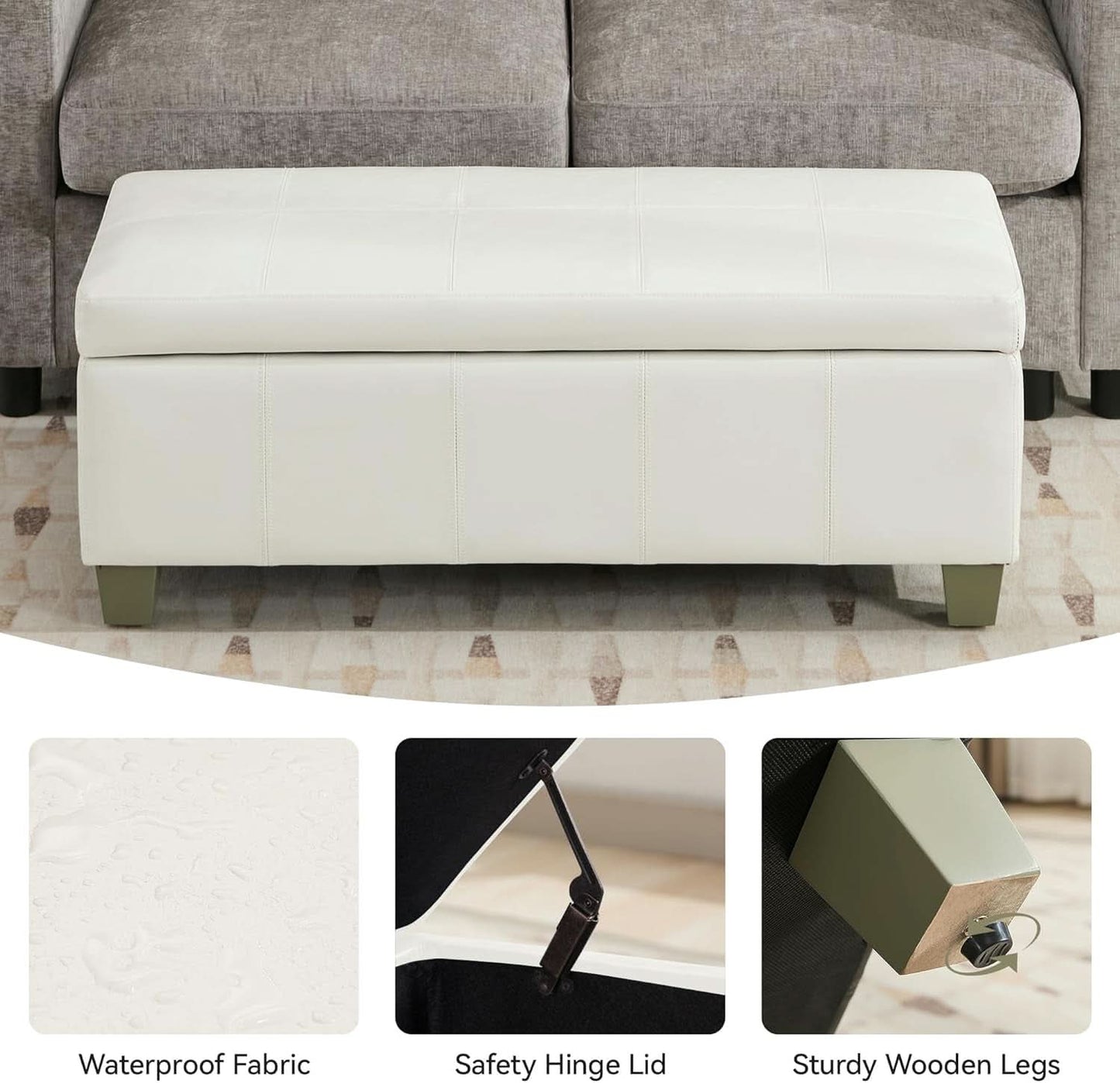 41-Inch White Faux Leather Storage Ottoman End-Of-Bed