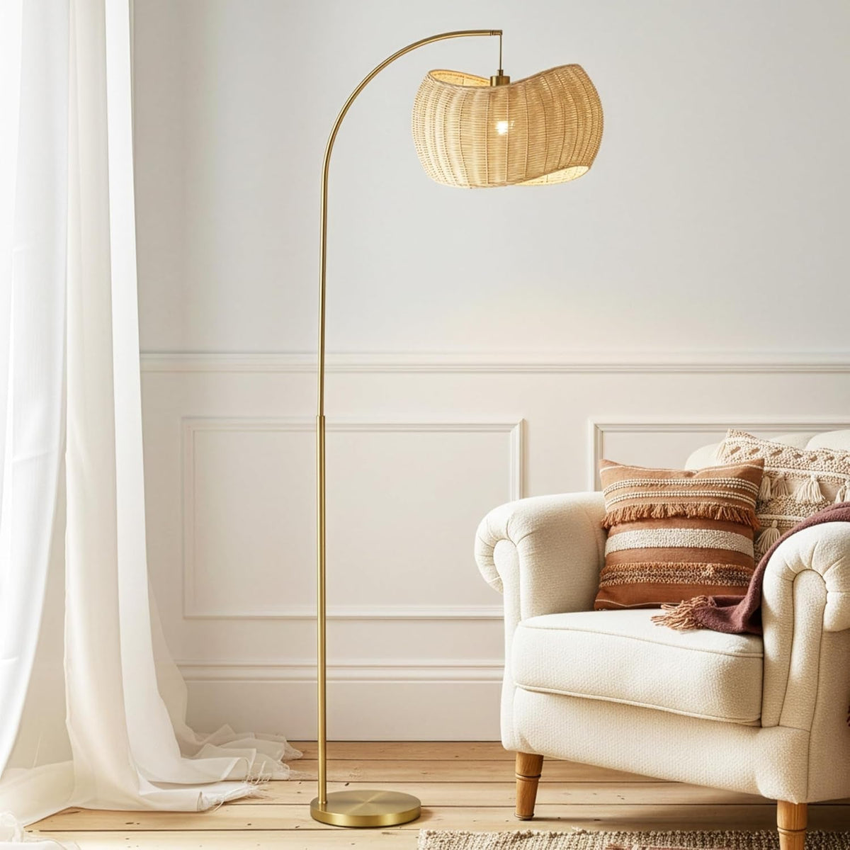 Brass Wave Arc Floor Lamp Handwoven Wicker Shade Aura