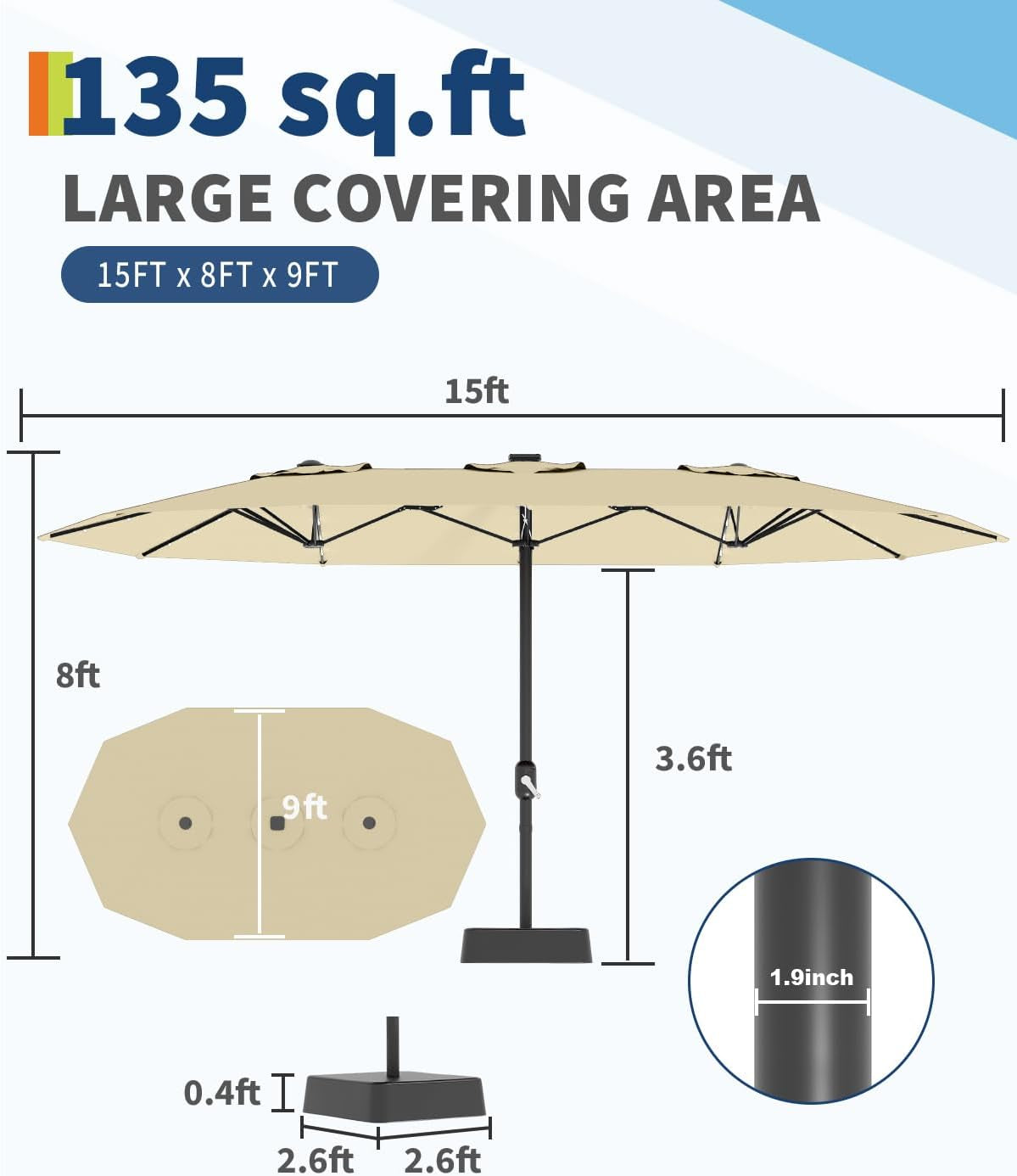 Fifteen Foot Outdoor Patio Umbrella Solar LED Lighting