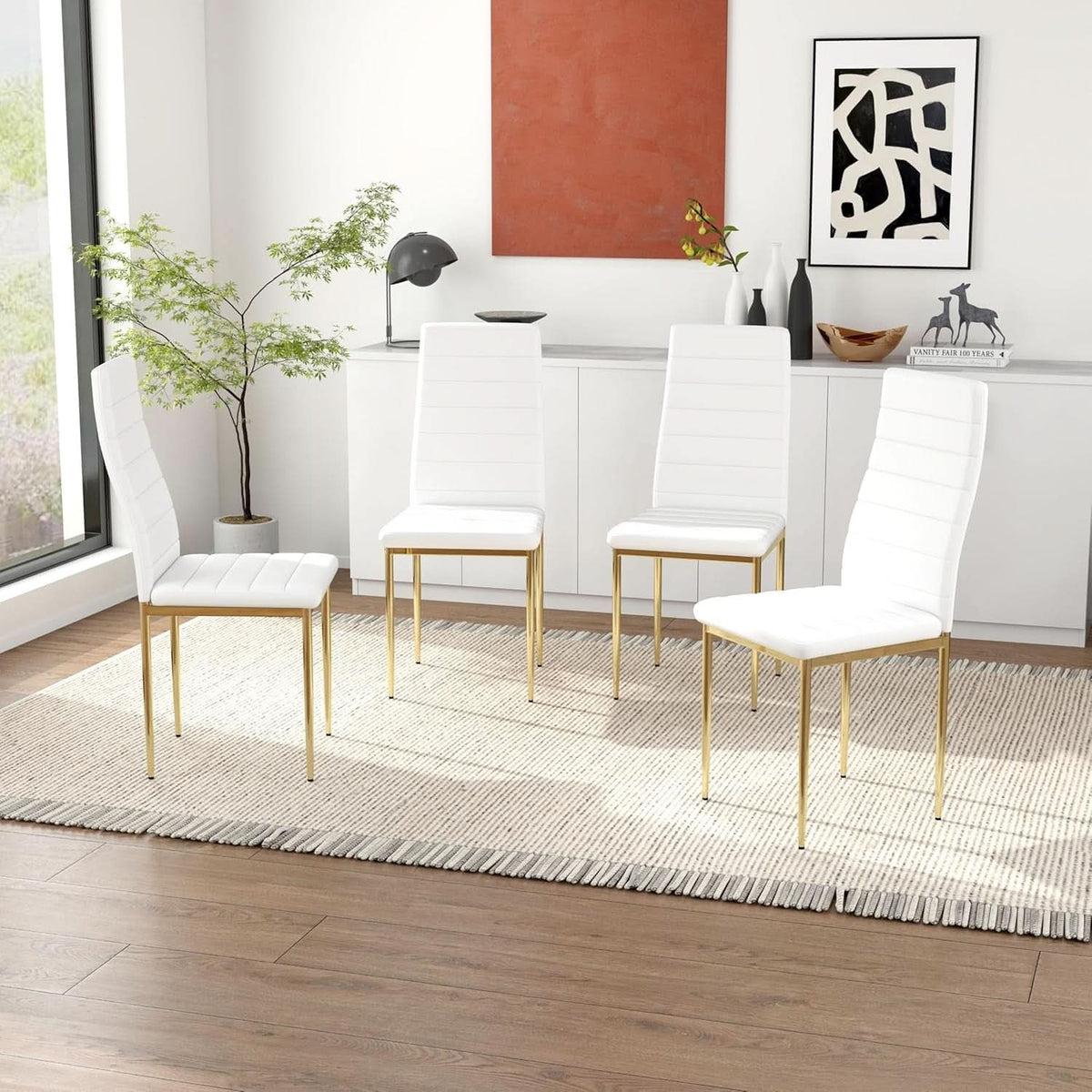 White Dining Chairs Set 4 GoldLegs Ergonomic Cushioned