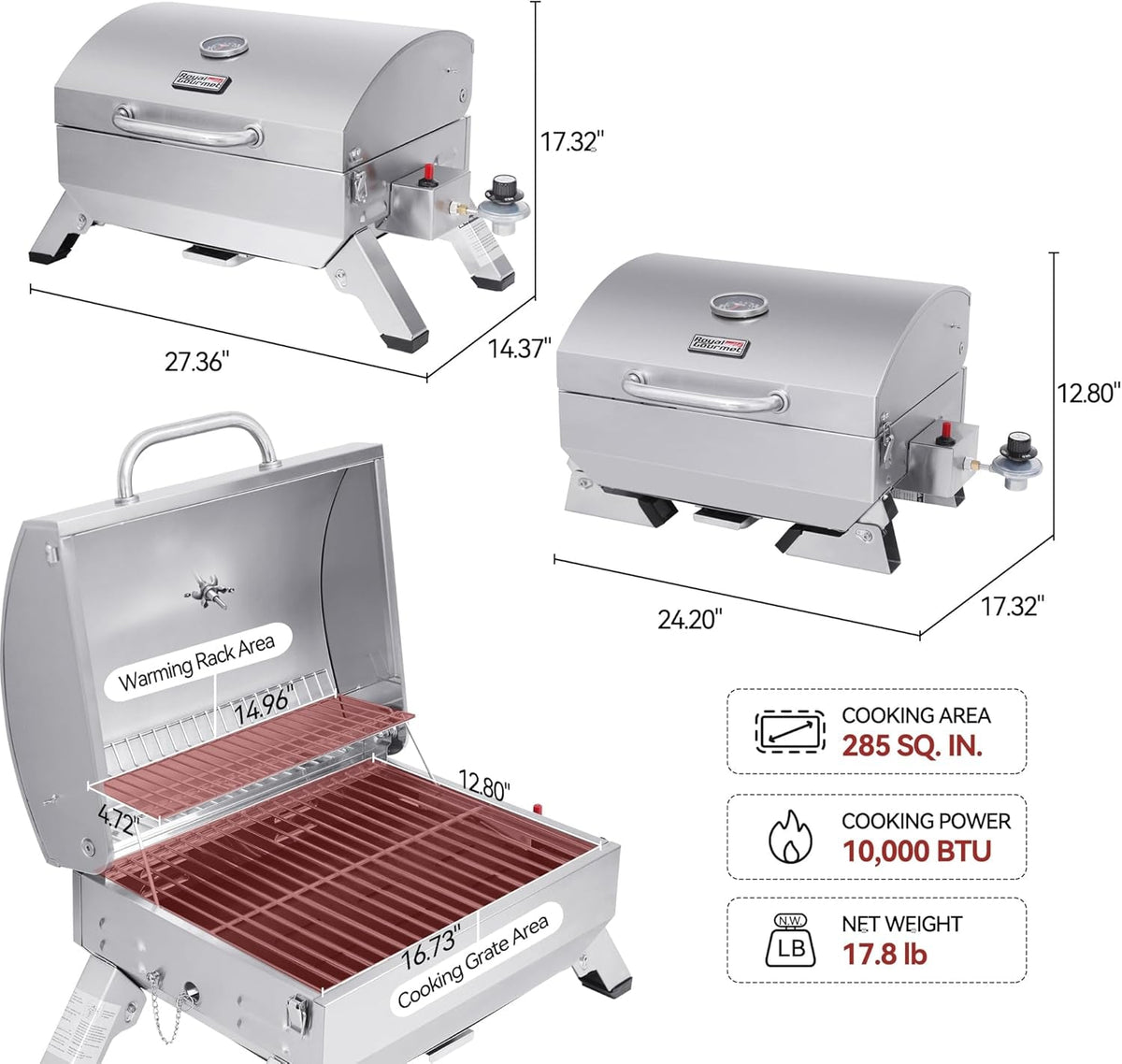 Stainless Steel Tabletop Grill 10000BTU Portable Outdoor
