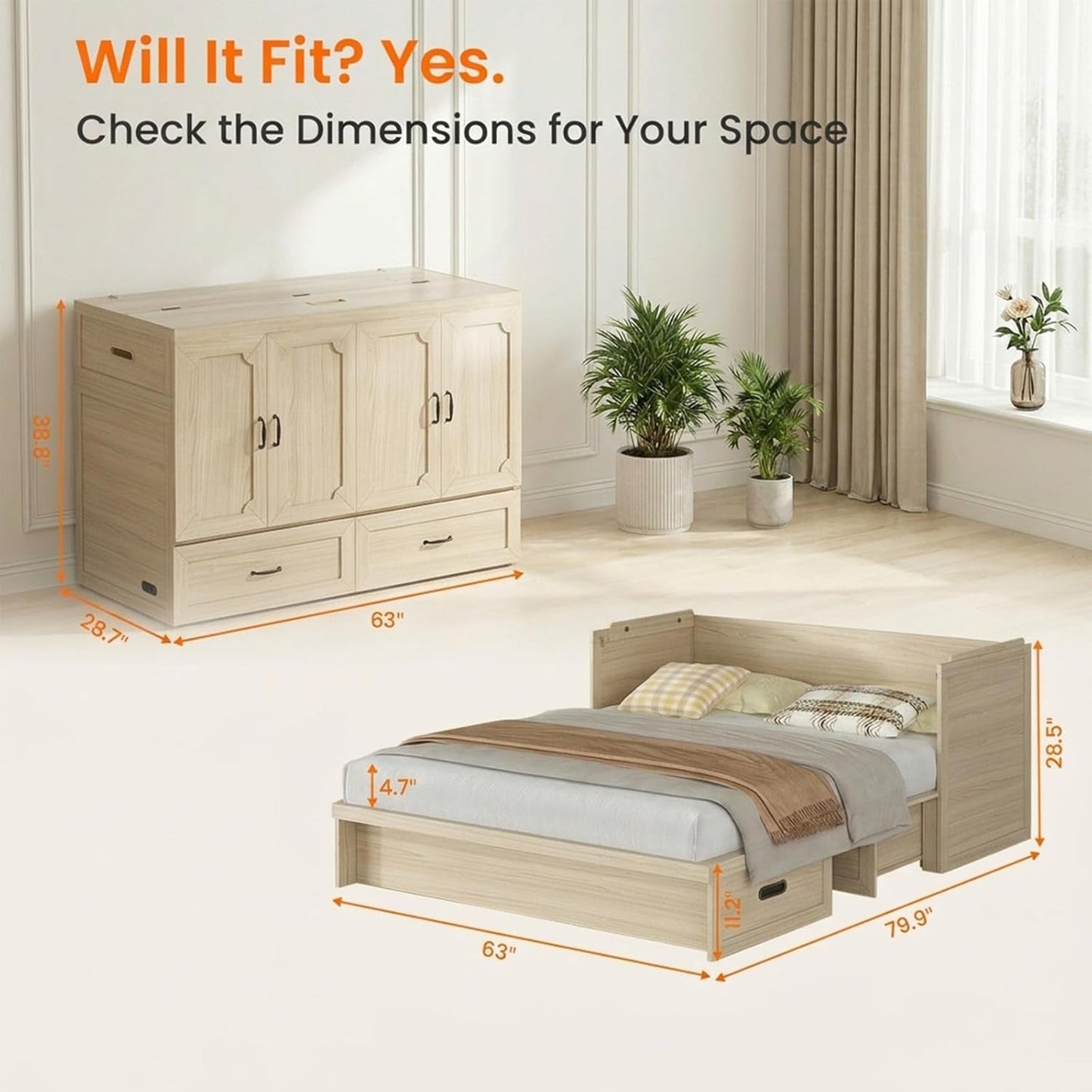 Queen Murphy Bed With Mattress Natural Wood Storage