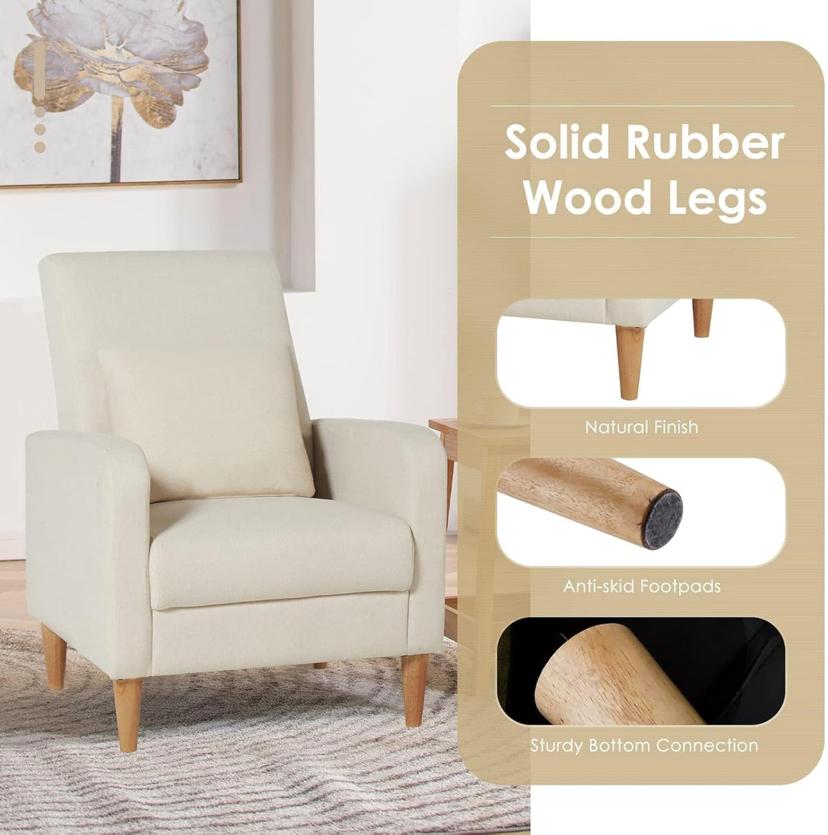 Beige Upholstered Accent Chair With Ergonomic Back